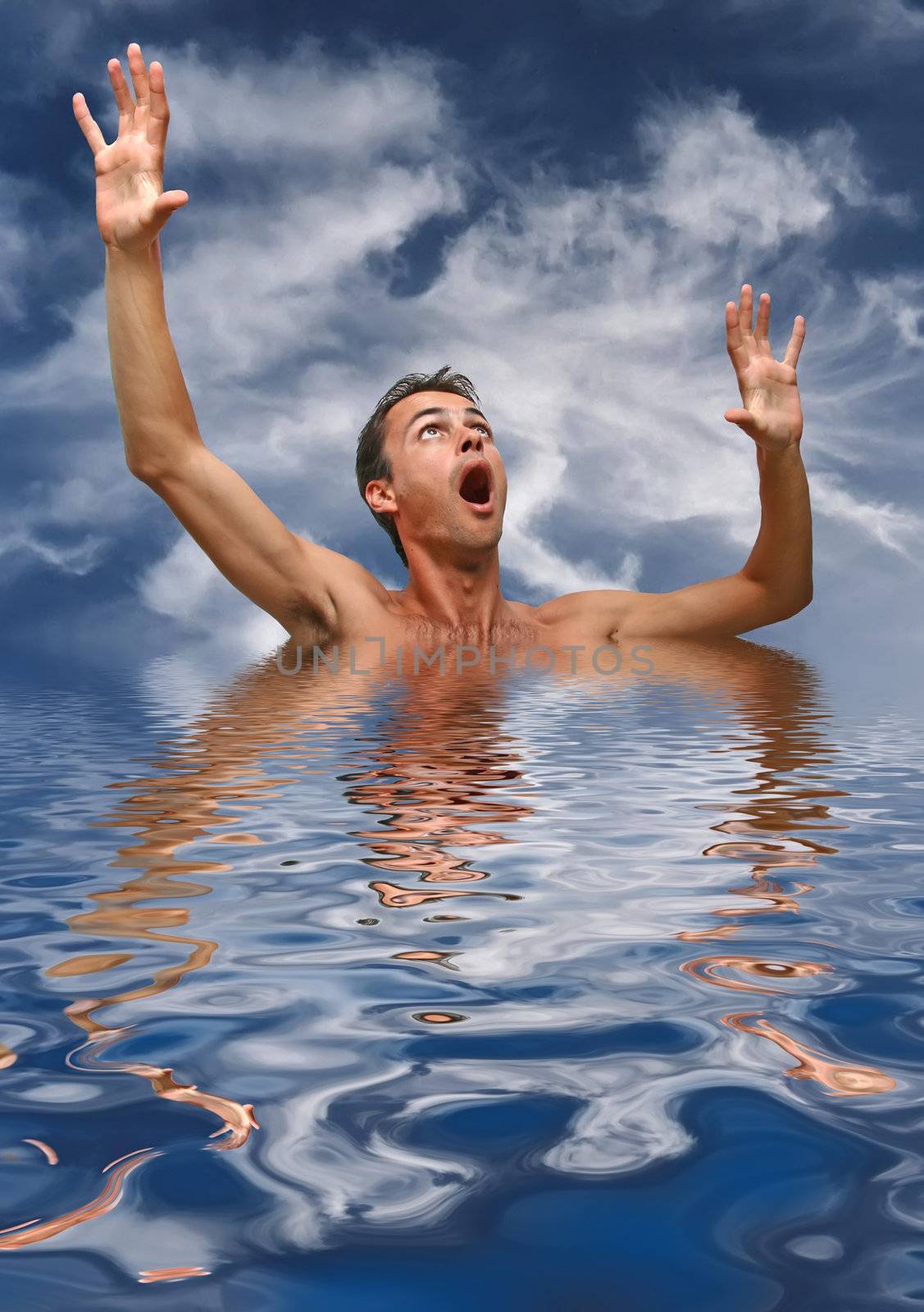 young man scared in water