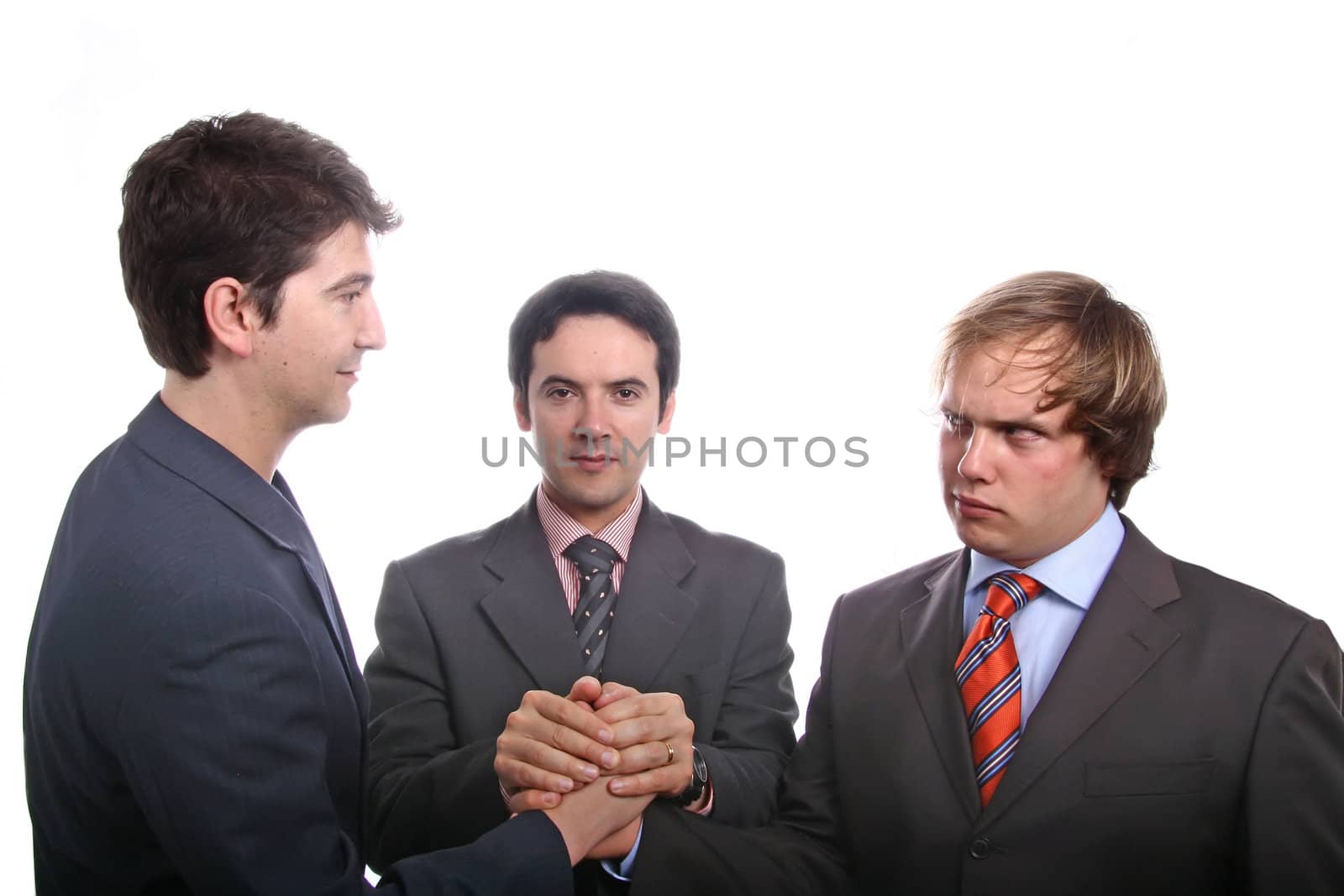 Three young business men portrait on white

