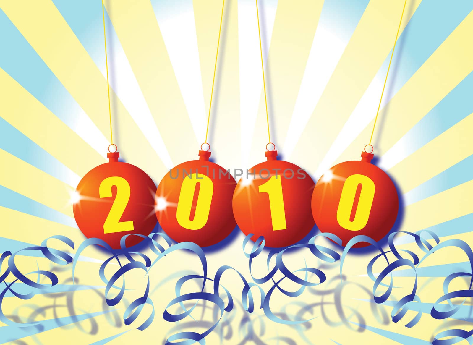 A New Year themed image on a landscape format with 2010 set in a set of orange baubles with blue paper style decoratrions surrounding.