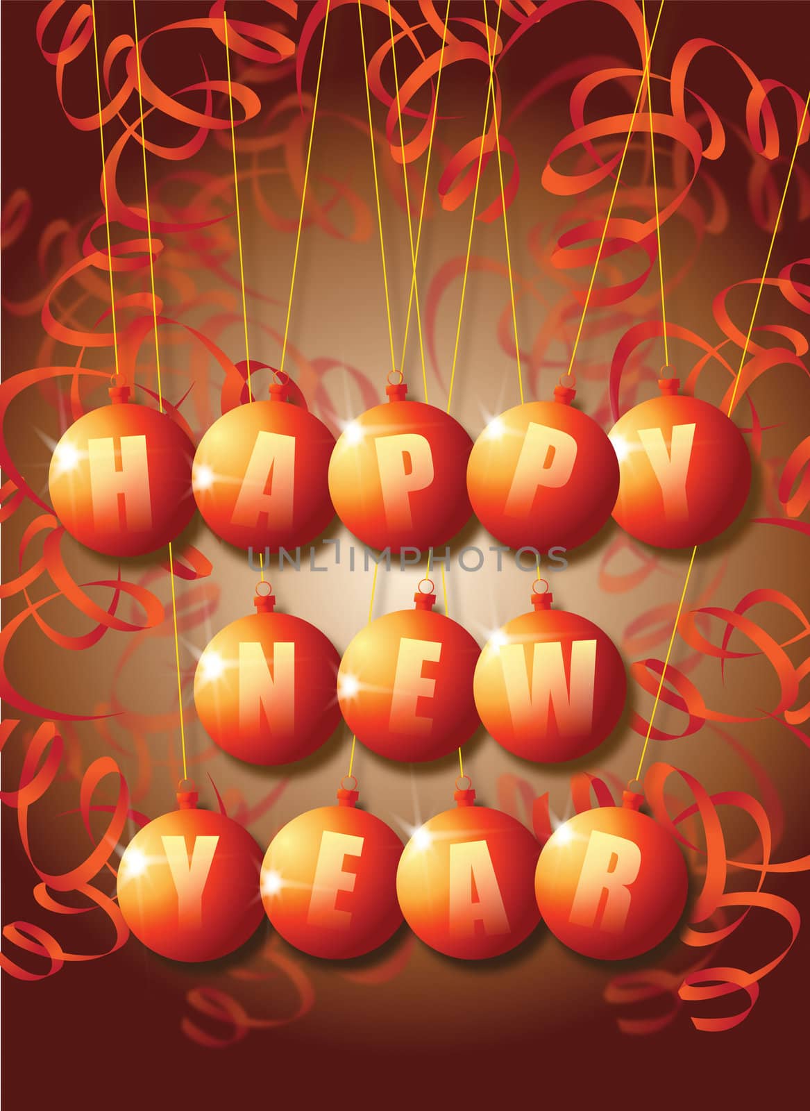 A New Year themed image on a portrait format with Happy New year set in a set of orange baubles with paper decorations surrounding.