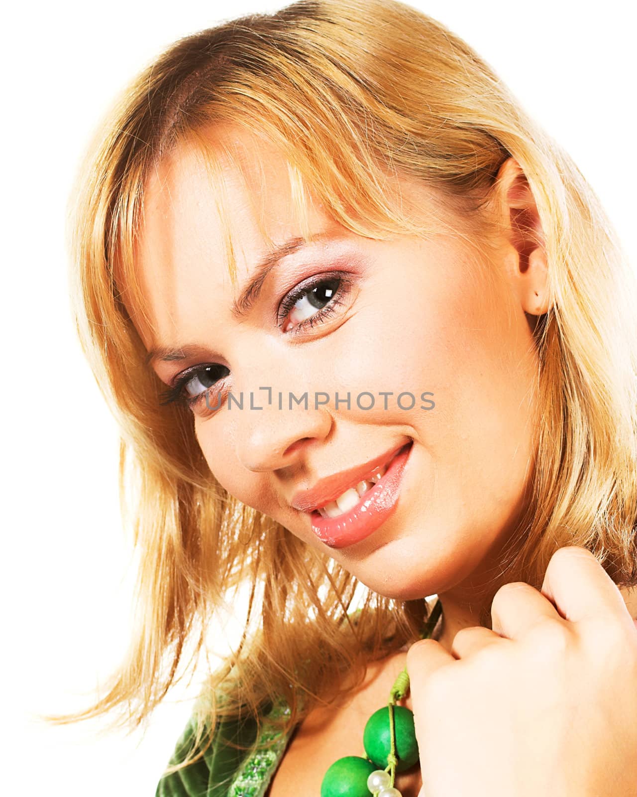 Portrait of a beautiful, sexy blond girl in green dress by Cheschhh