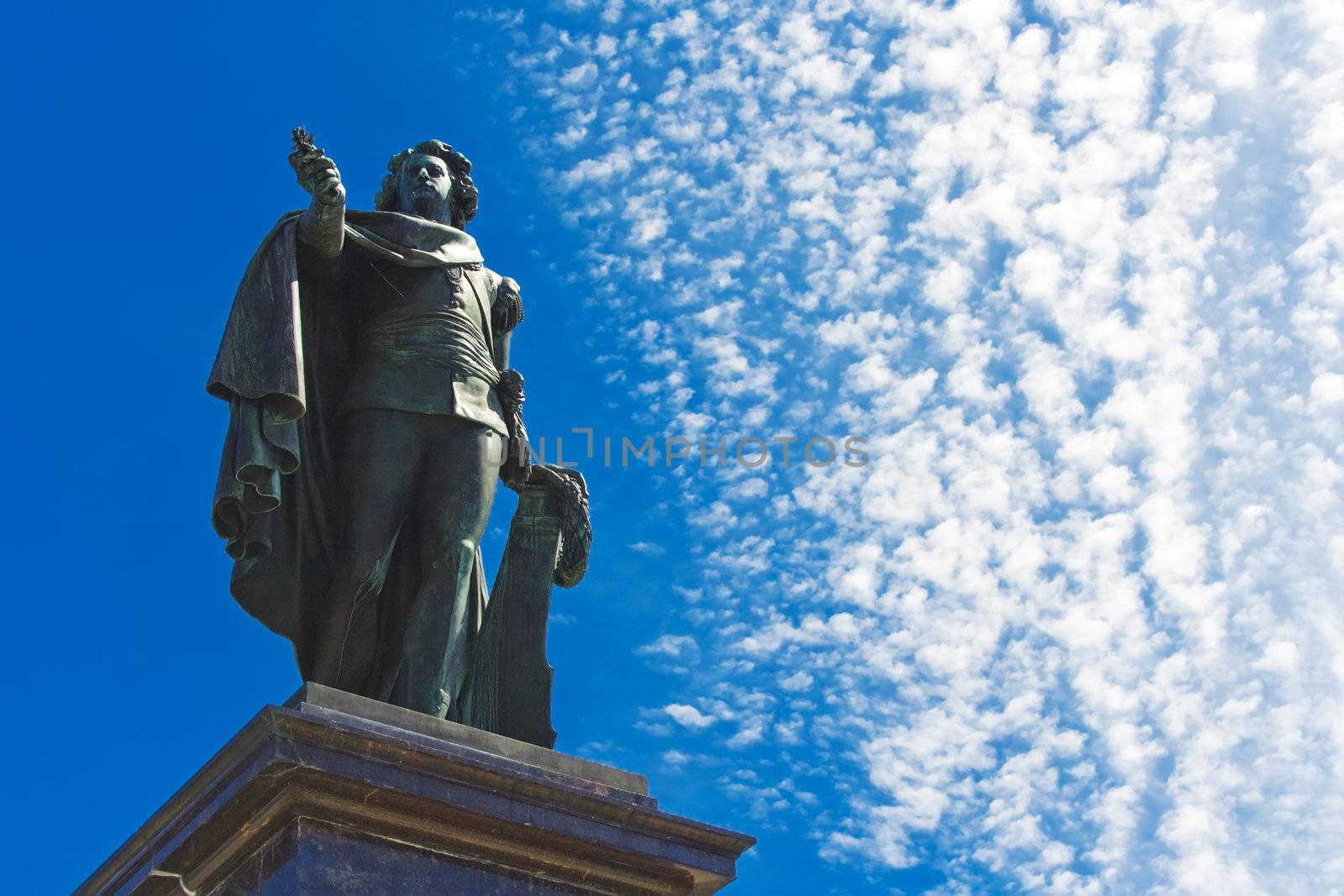 A copper statue of Swedish King on blue sky