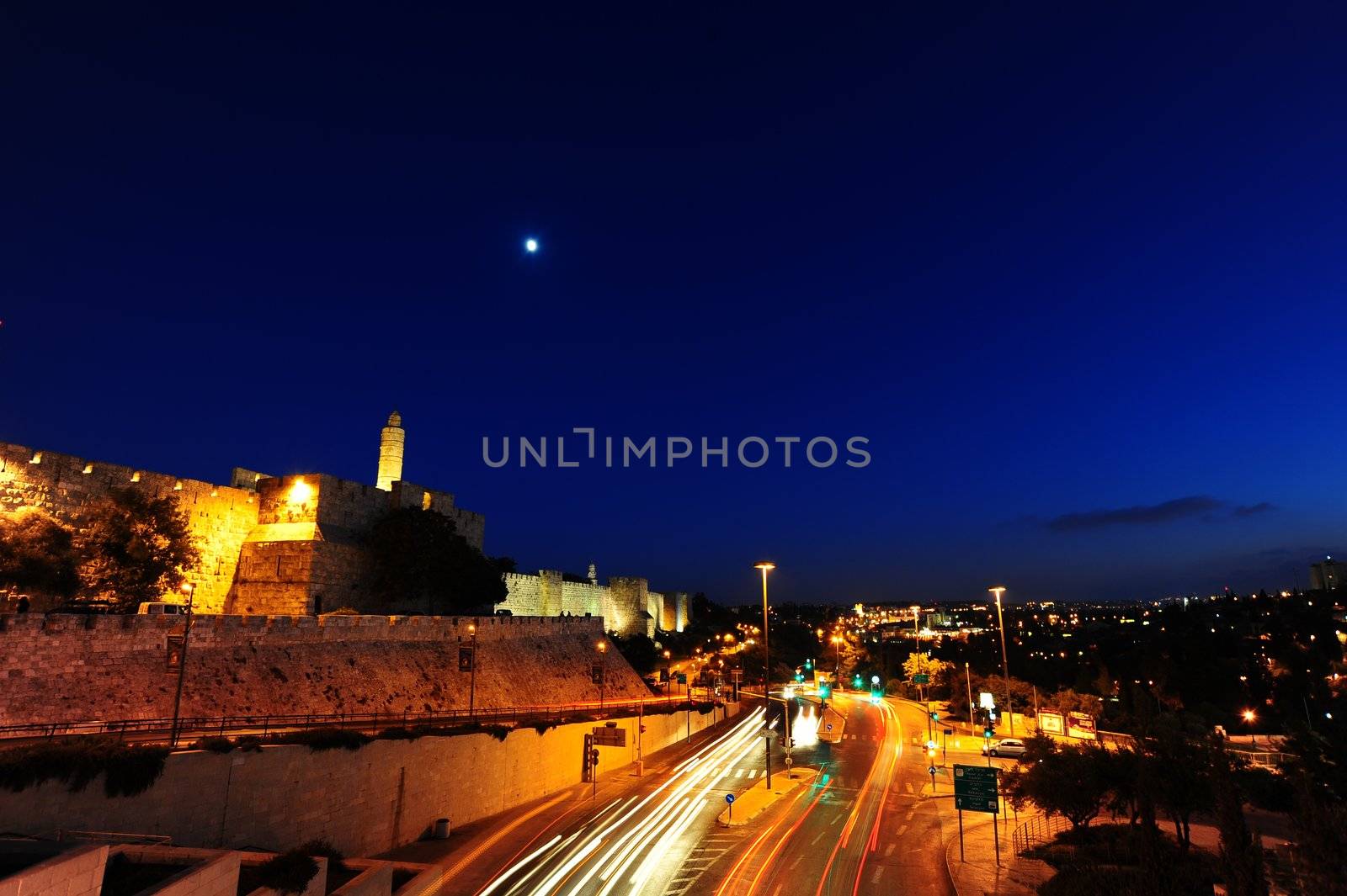 Night View of Ancient Walls Surrounding Old City in Jerusalem
