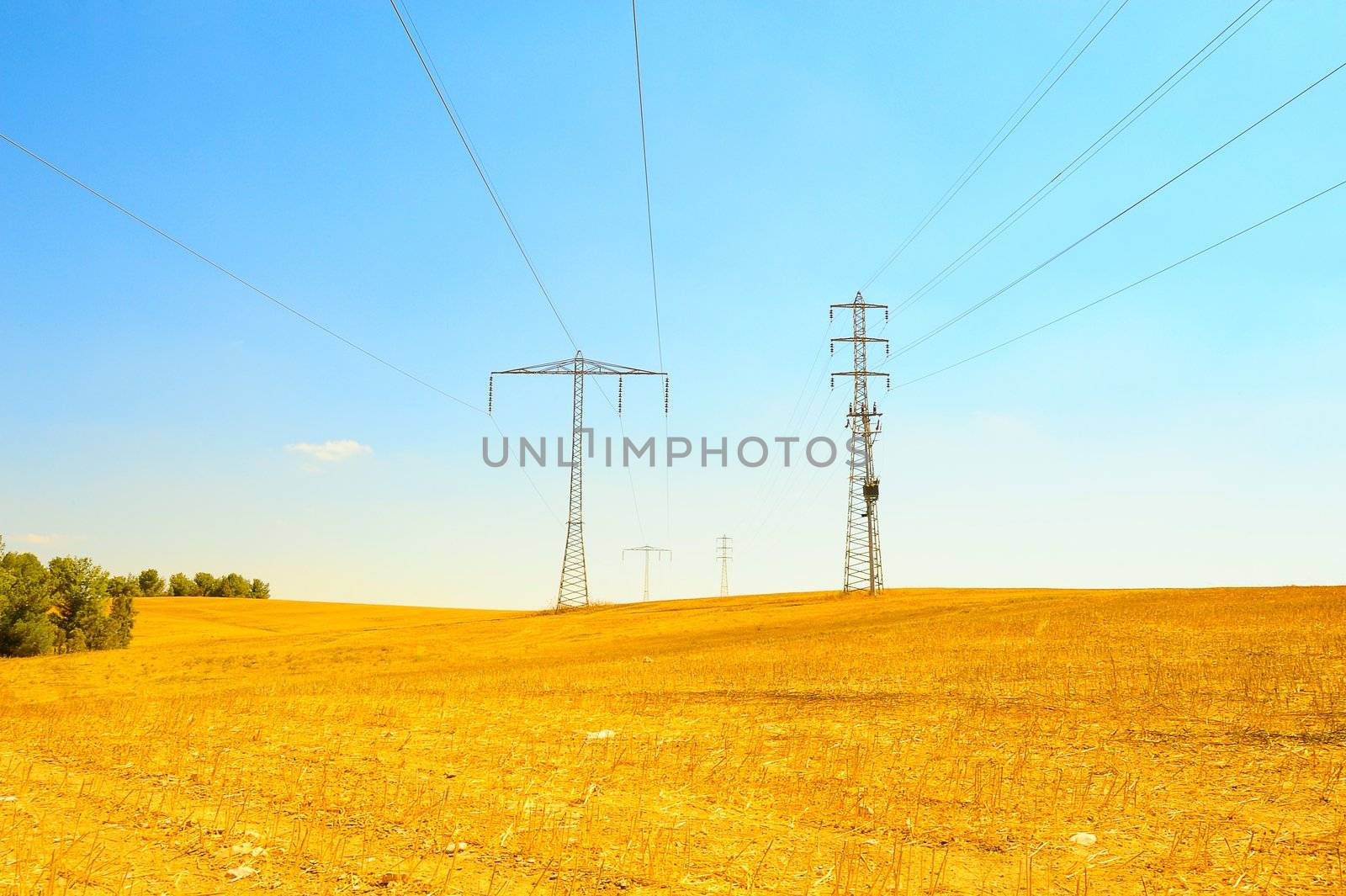 Row Of High Voltage Electricity Pole In Desert.