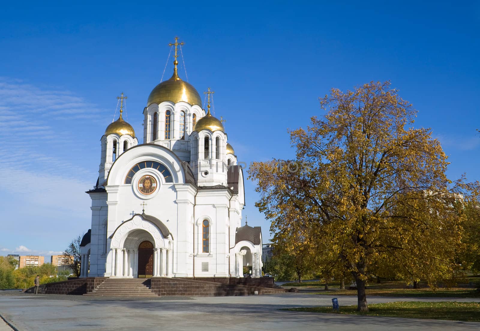 Fine orthodox church. Autumn. Bright sunny day