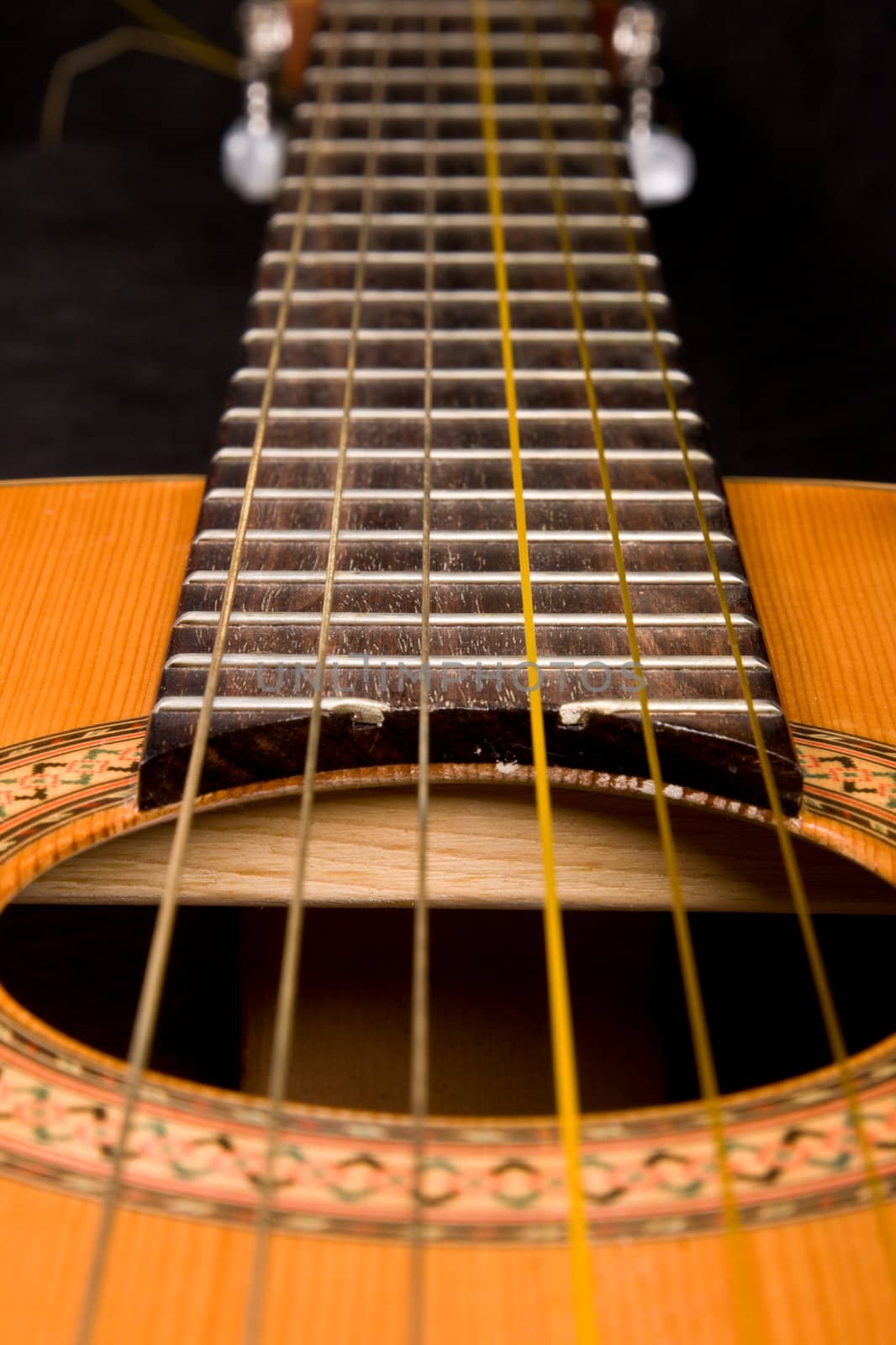 Classical guitar close up on dark background