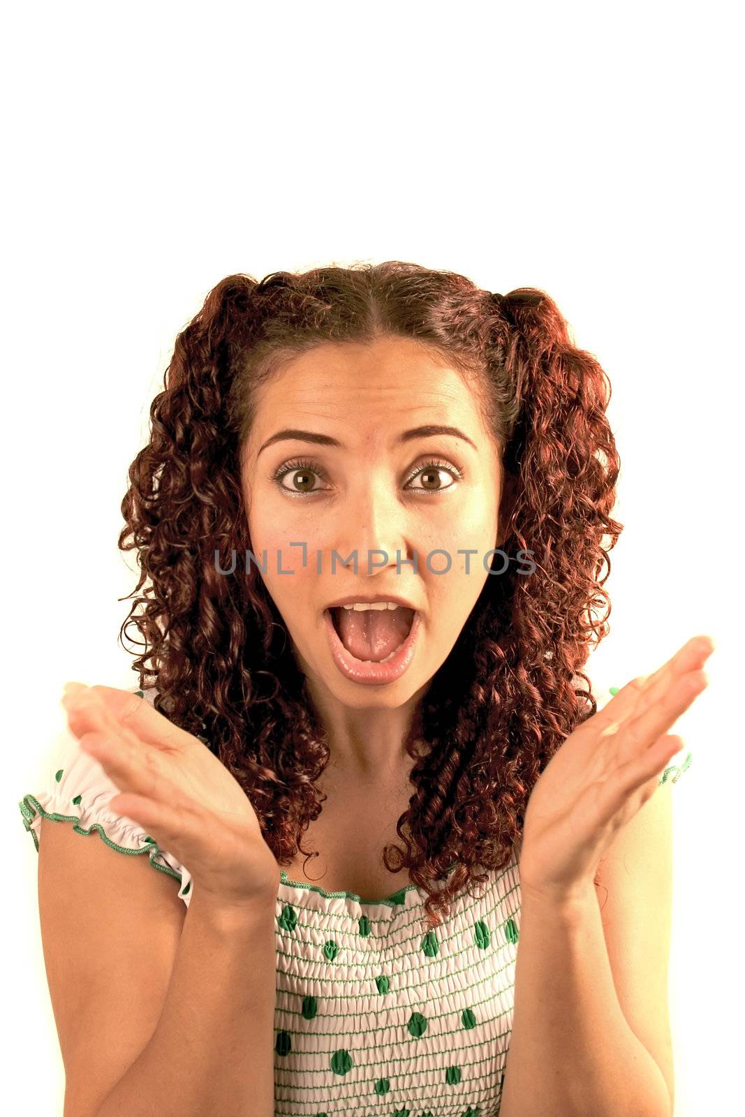 Pretty young Woman portrait with gestures isolated on white