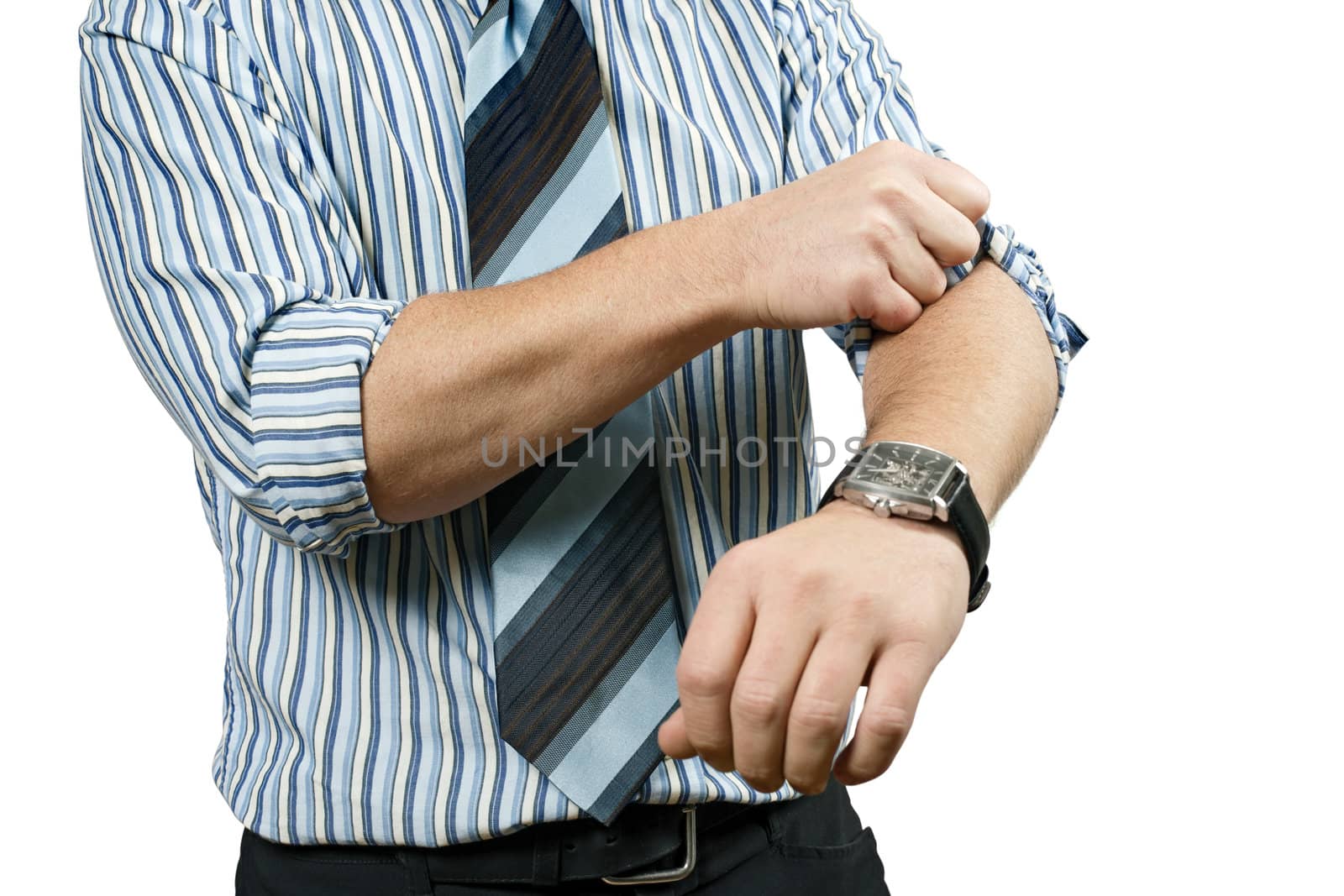 A business person, rolling up his sleeves and getting to work.  Metaphor for starting a business, or getting to work.
