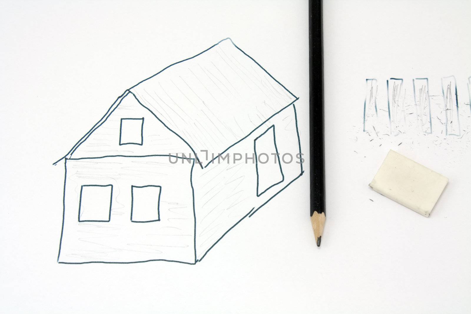 Drawing pencil. Unfinished Sketch farmhouse