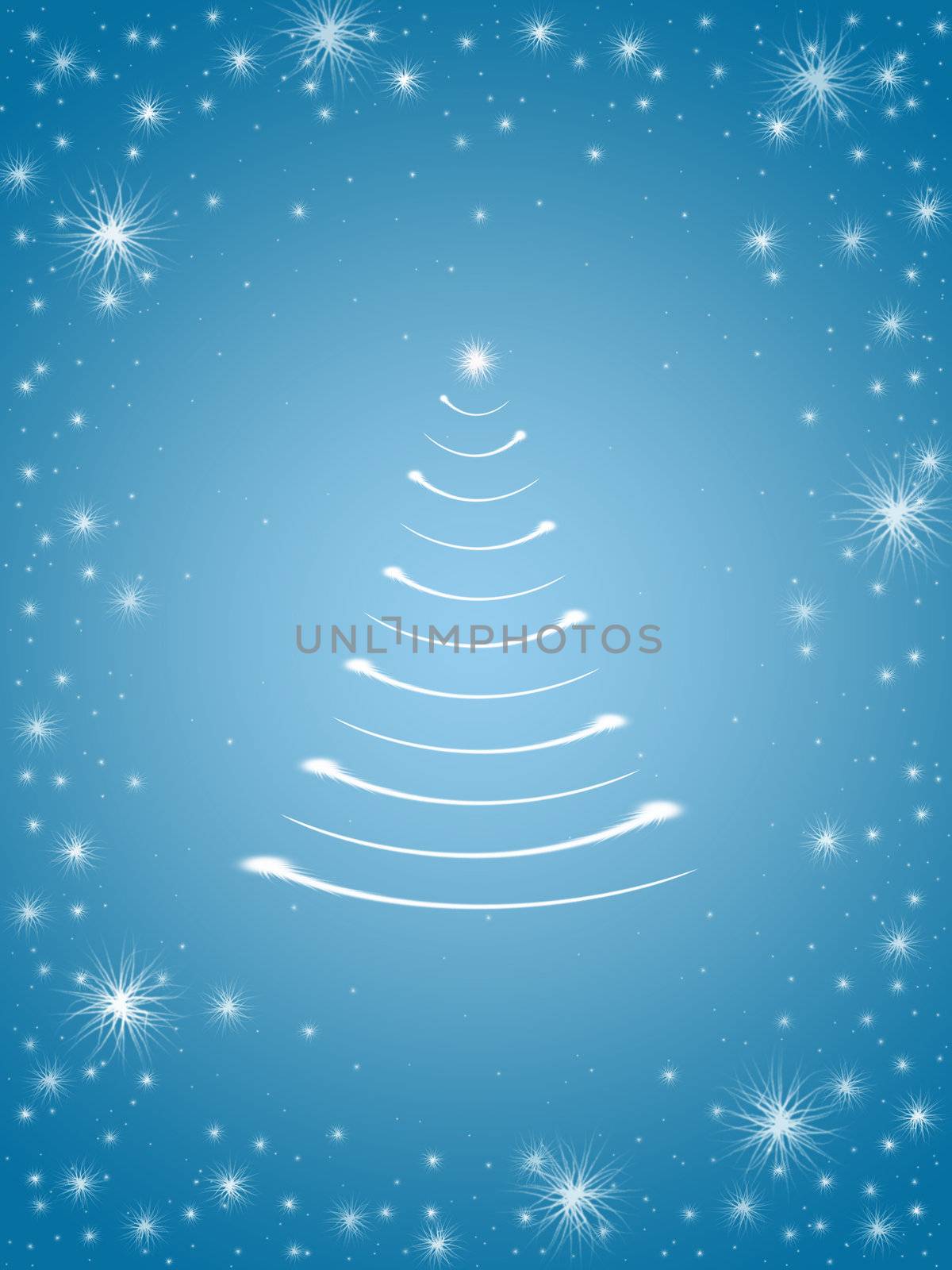 christmas tree drawn by white lights over blue background 
