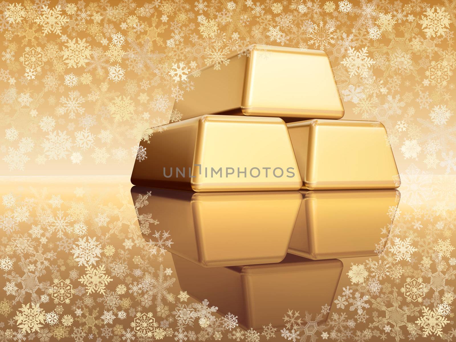 3d golden bullions with reflection over golden background with snowflakes
