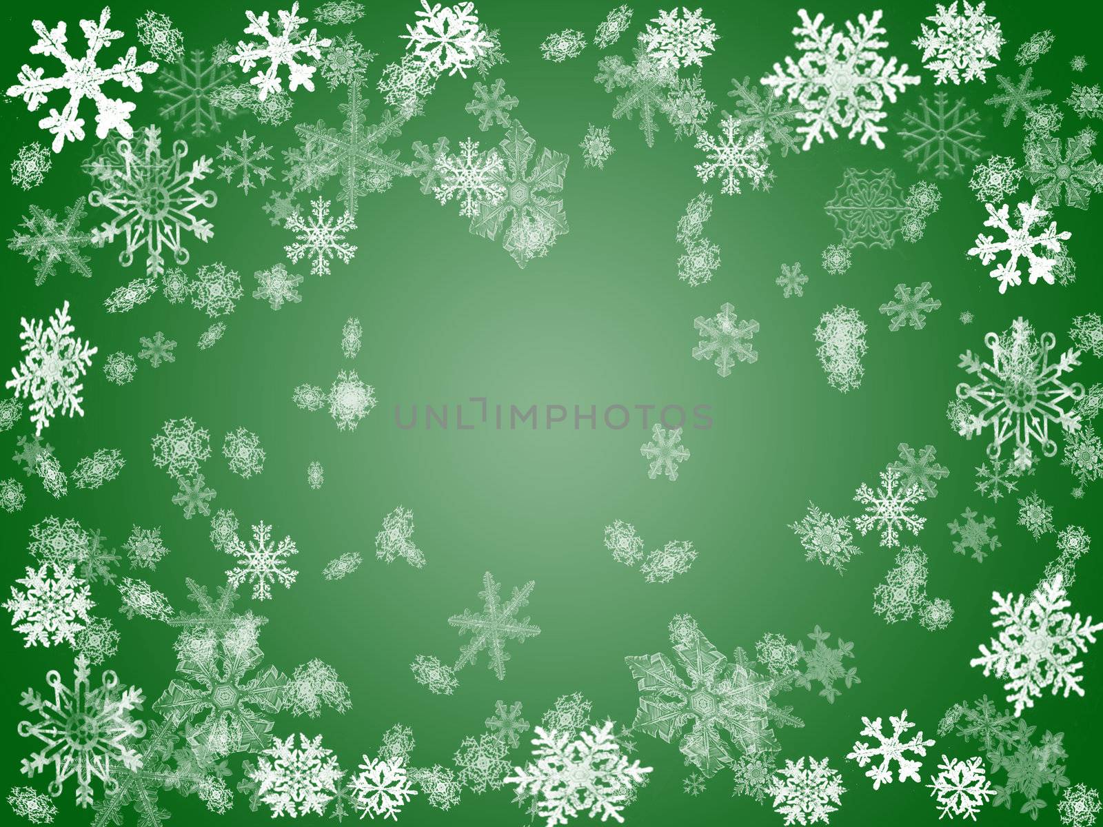 white snowflakes over green background with feather center
