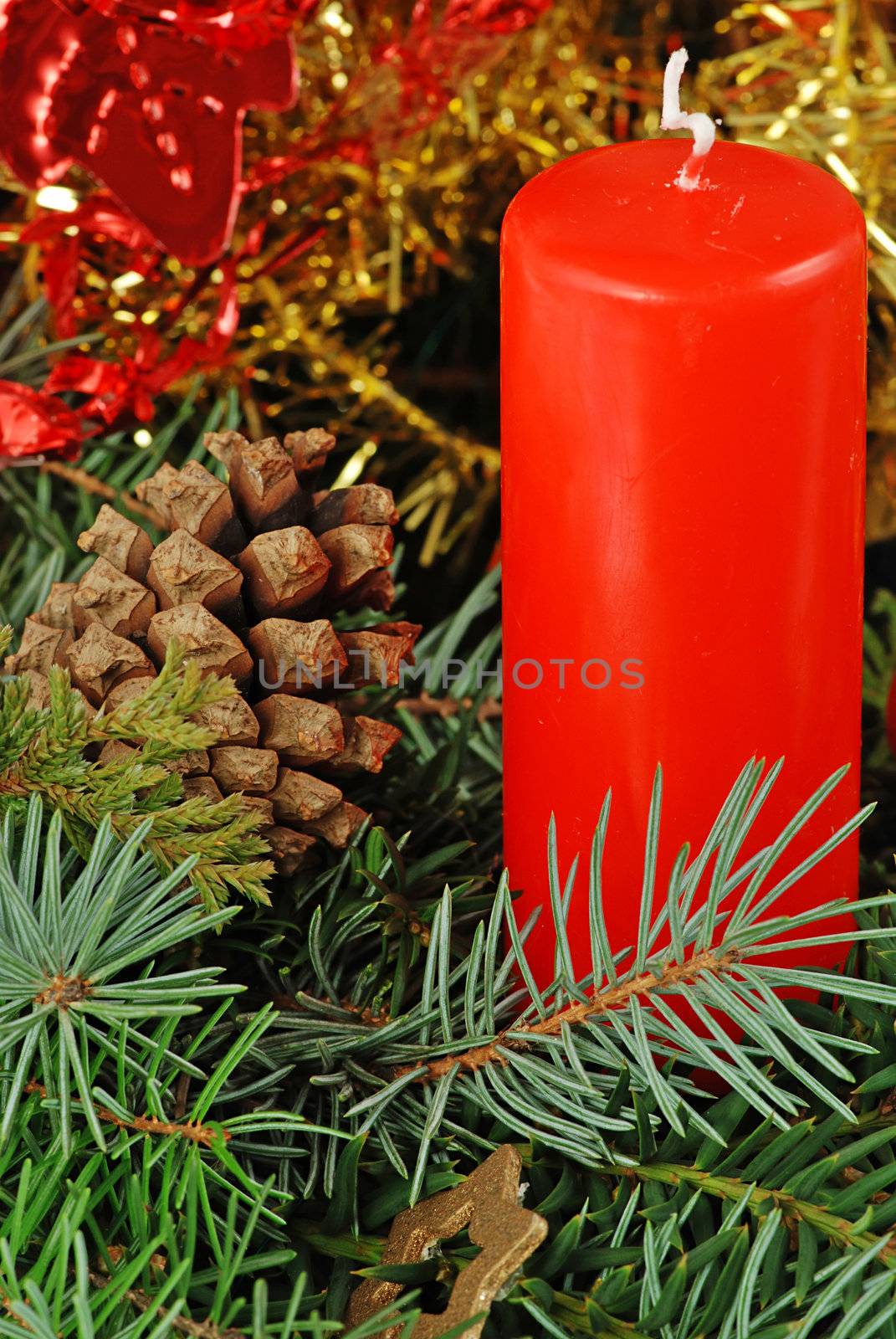 Christmas still life with candle cone and pine branches