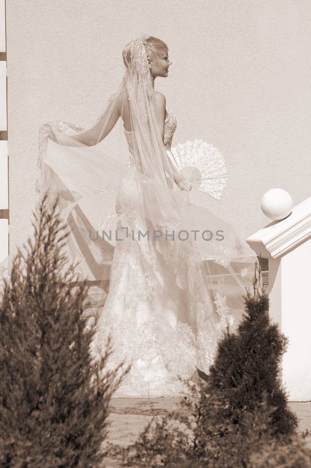 Sepia picture with beautiful blonde bride with fan in the garden at the wall