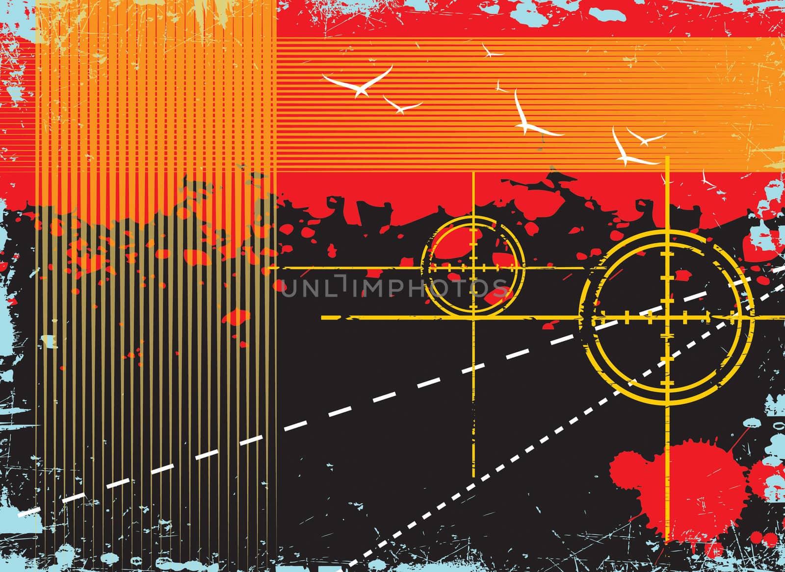 A grunge styled abstract illustration using a gun target or sight. Sert on a black and blood splattered base.
