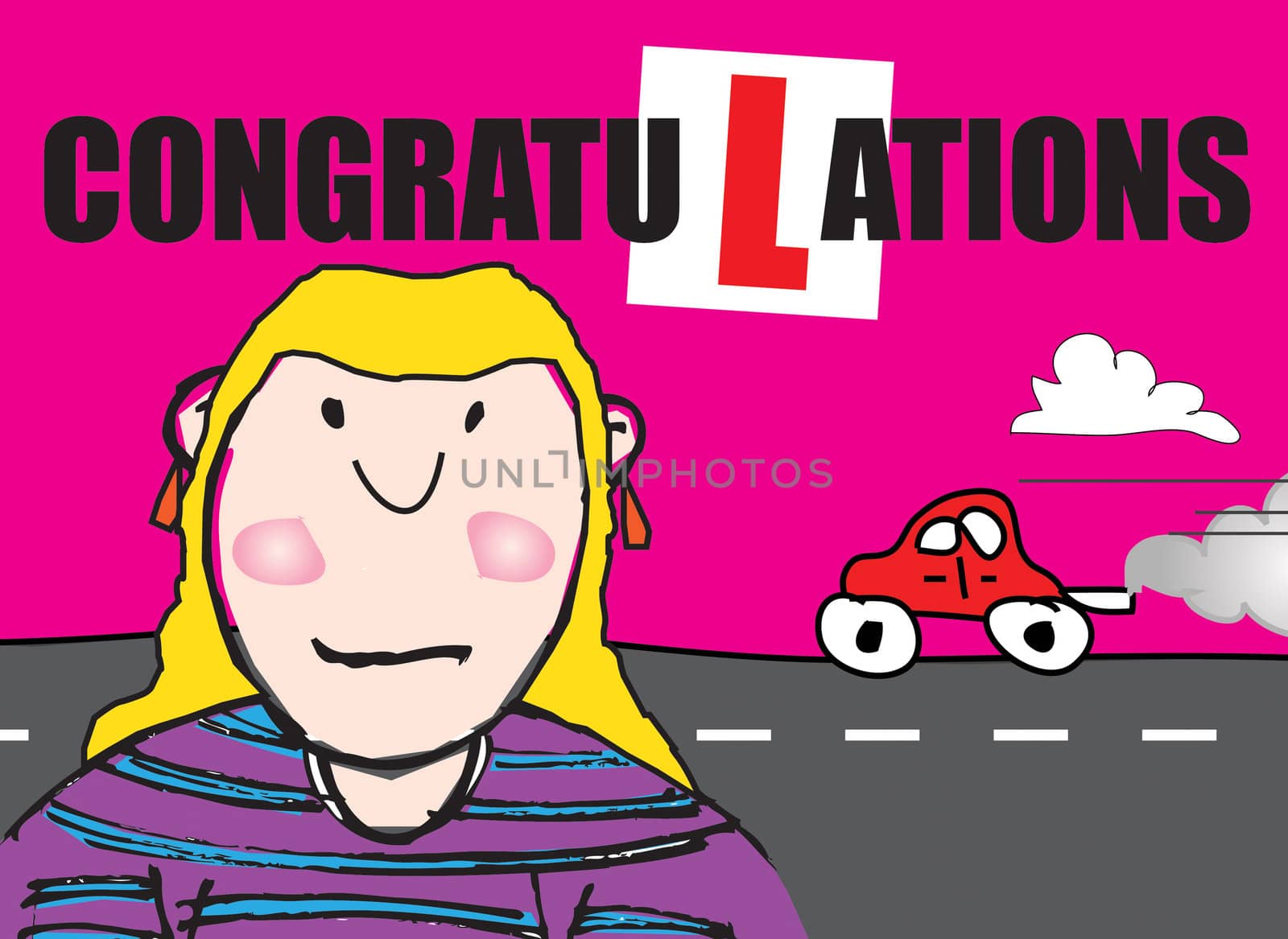 A landscape format naive cartoon styled illustration with a congratulatory message for passing a driving lesson. Female character based.