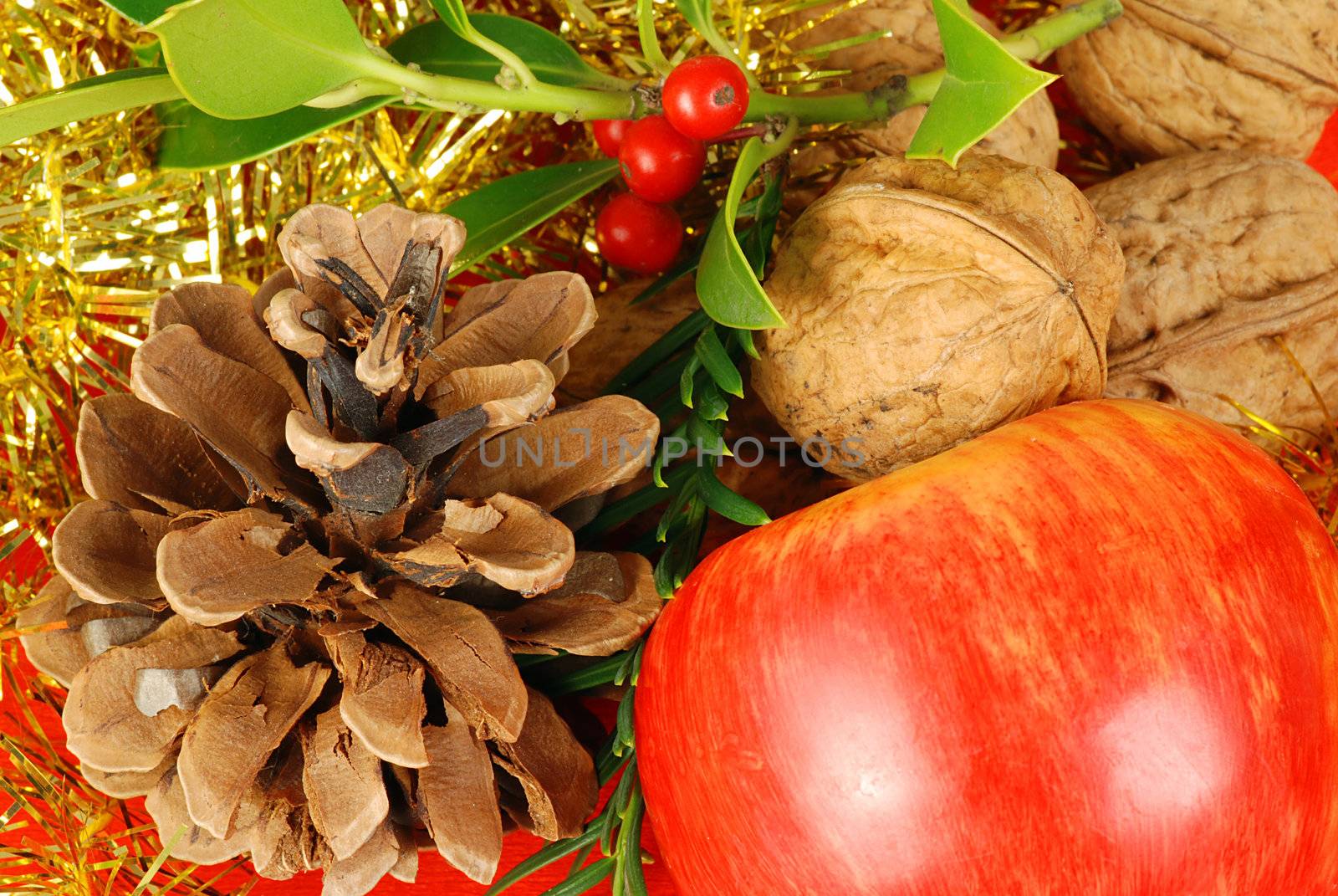 Christmas background with apples, nuts, cone and holly on the red 