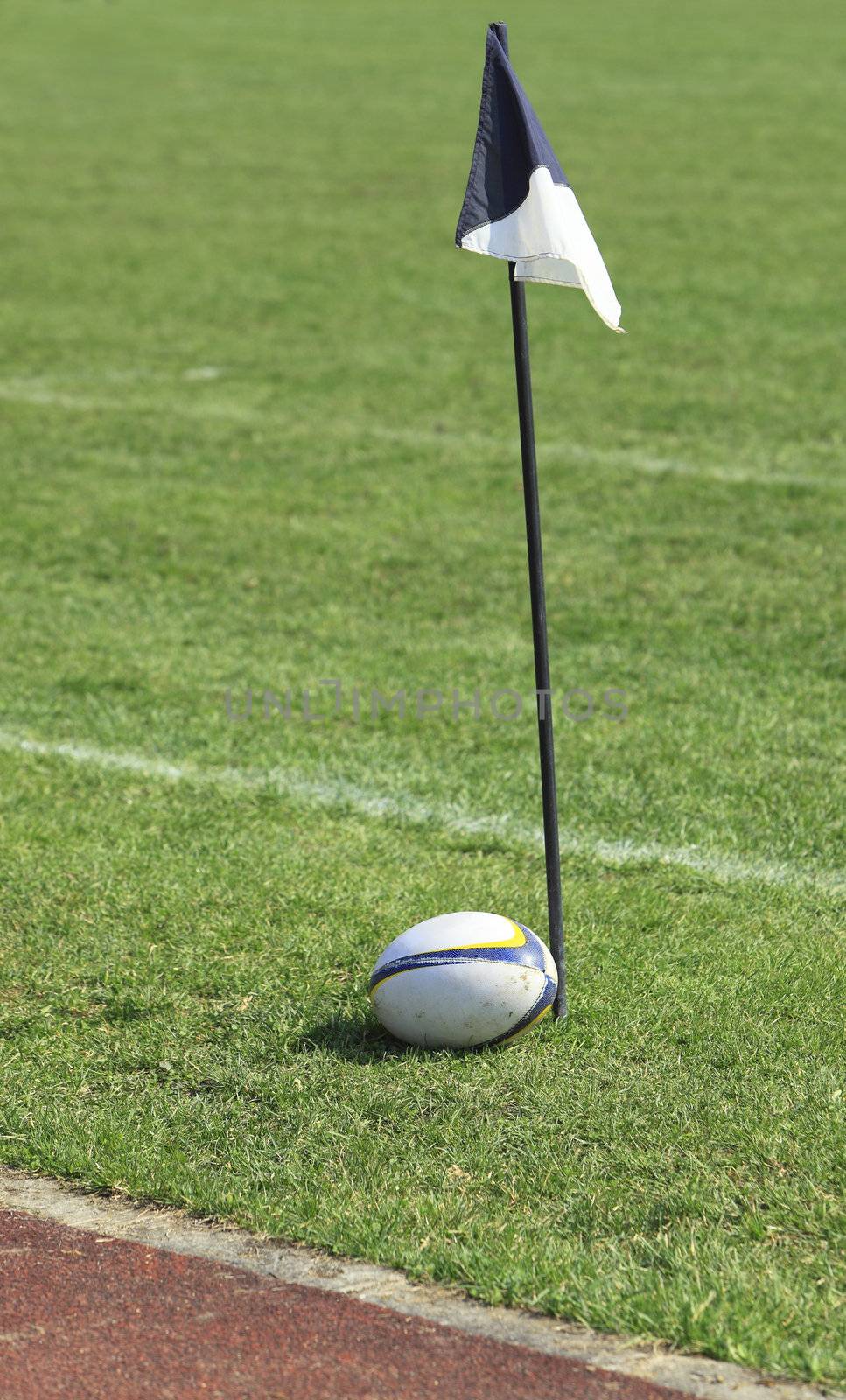 Rugby ball near a flag on the field.There are some intended glare areas on the ball.