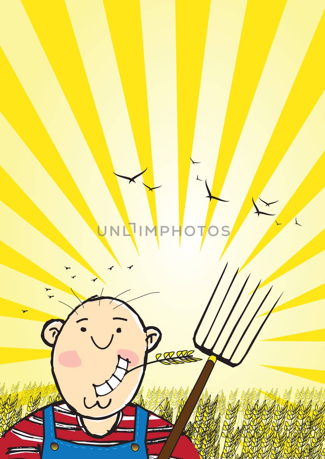 A portrait format naive cartoon styled illustration of a rural farmer boy chewing a head of wheat set against a field of wheat at sunset. Male character based. Room for copy text.