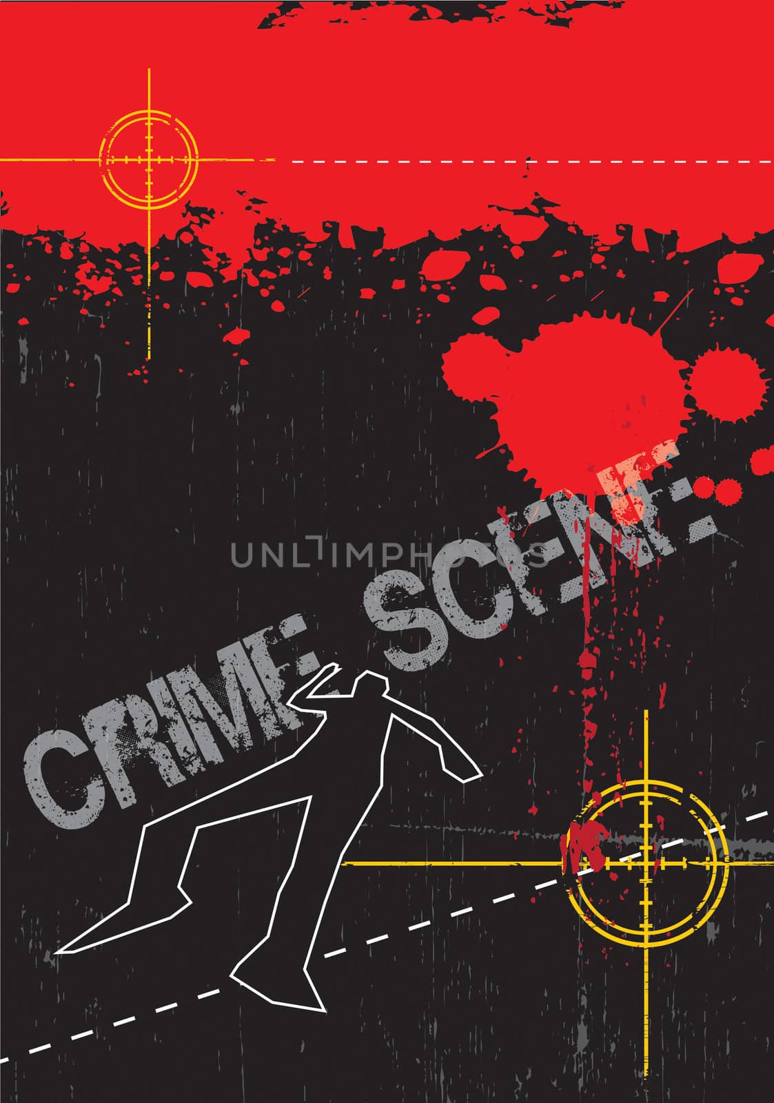 A grunge styled illustration on a crime based theme. Blood,gun targets and body outlines.