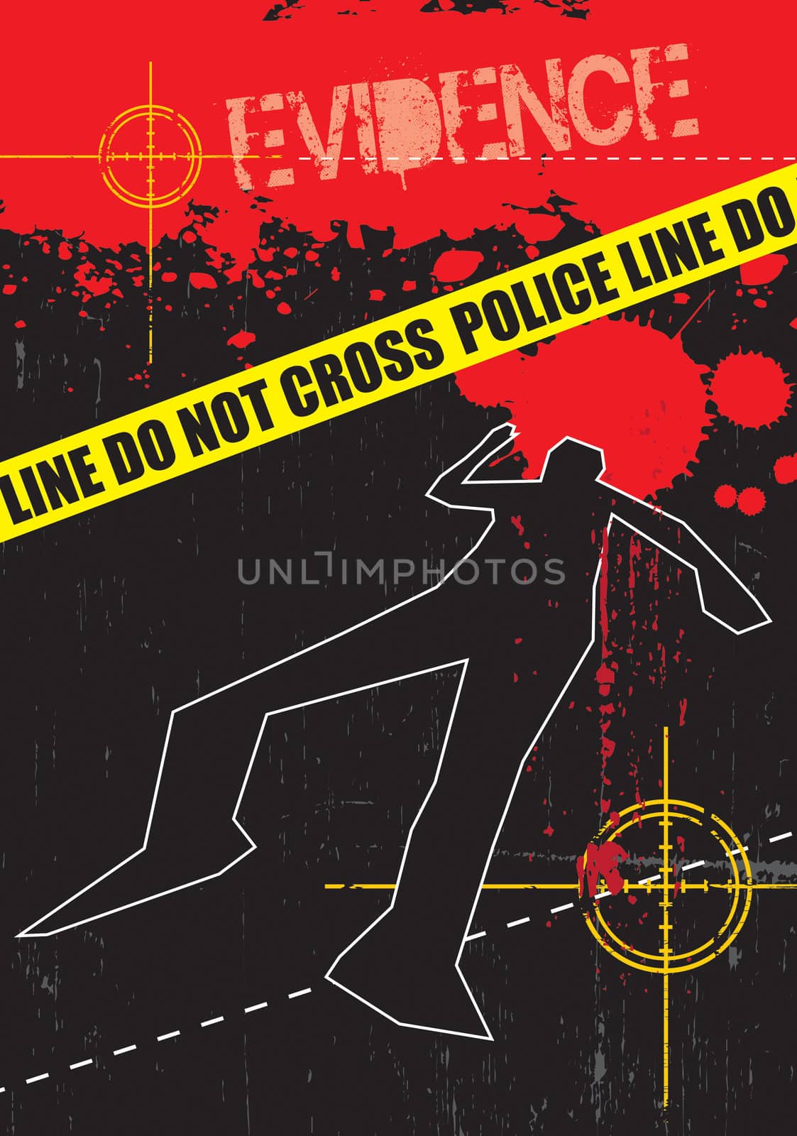 A grunge styled illustration on a crime based theme. Blood,gun targets and body outlines.