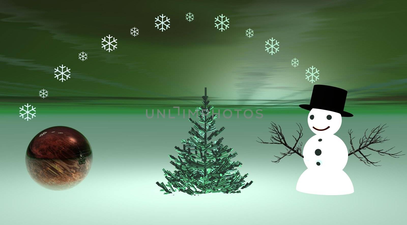 merry christmas tree and snow man and ball