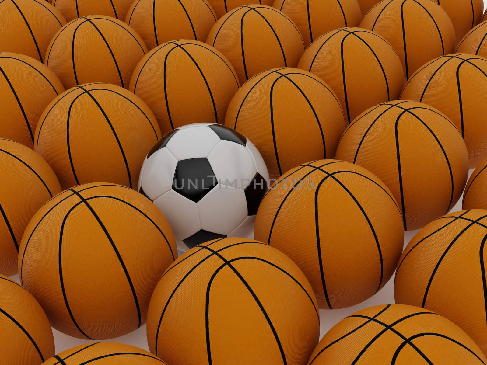Football and basketball balls. 3d illustration on the  white background.