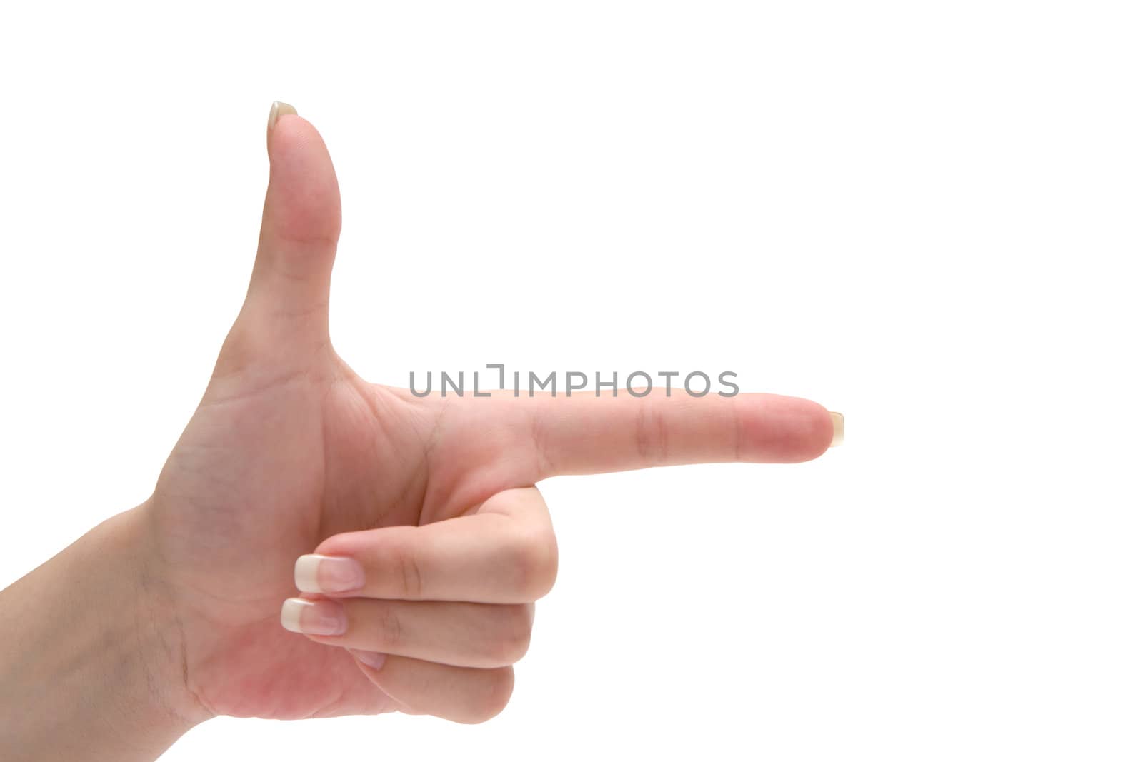 Female hand pointing to the right. Isolated on a white background.