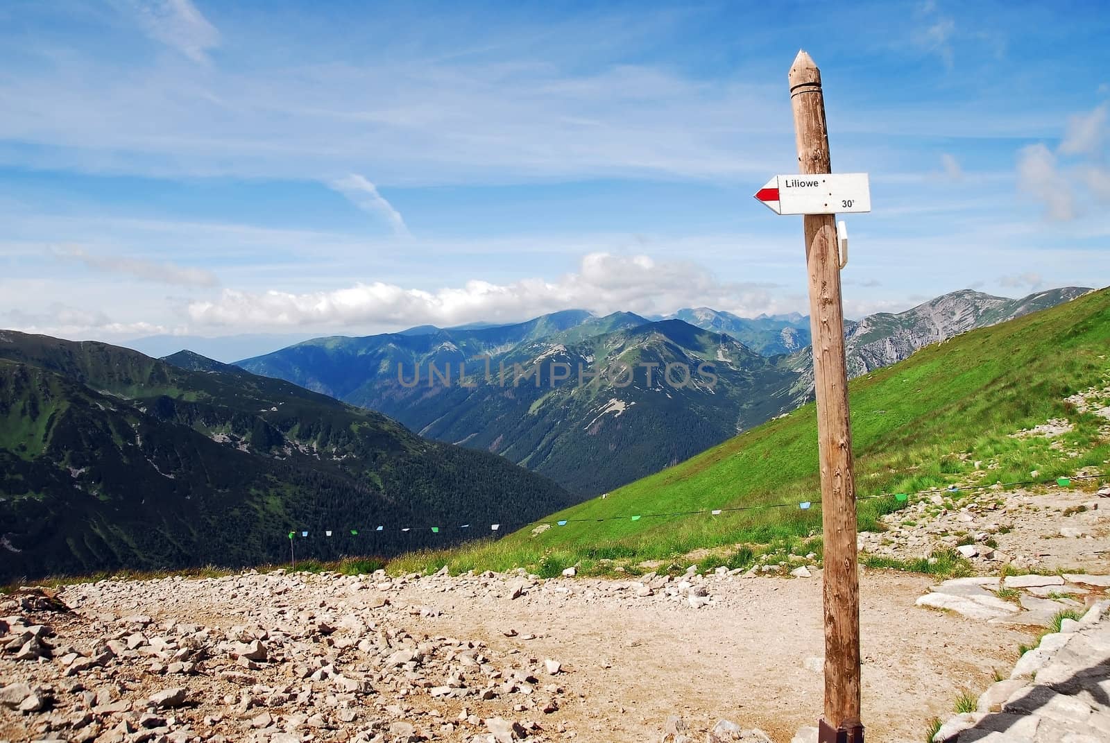 Tatra Mountains National park with touristic path sign.