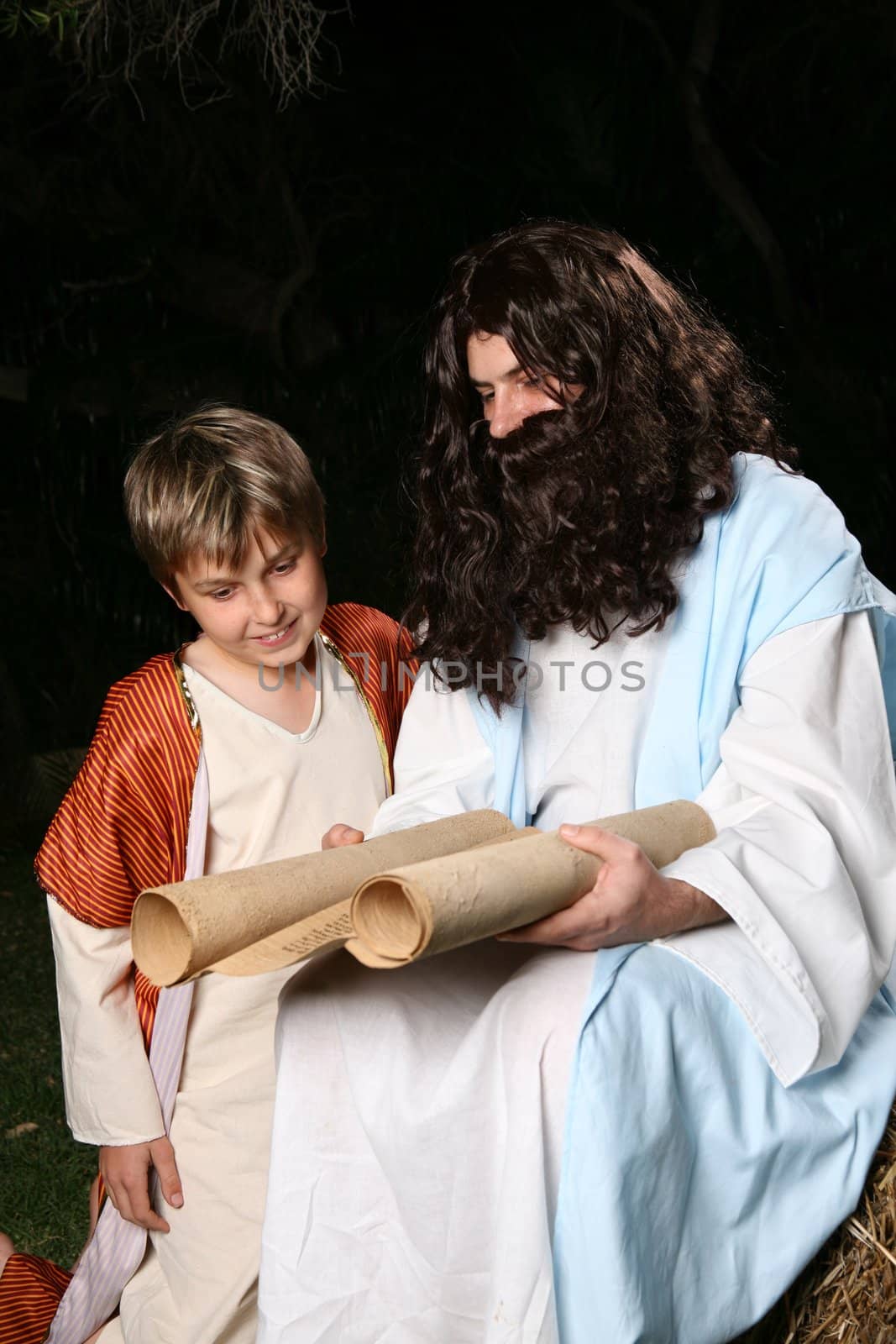 Religious biblical man teaching to a child.   Could be Jesus, disciple or a prophet, eg Elijah.