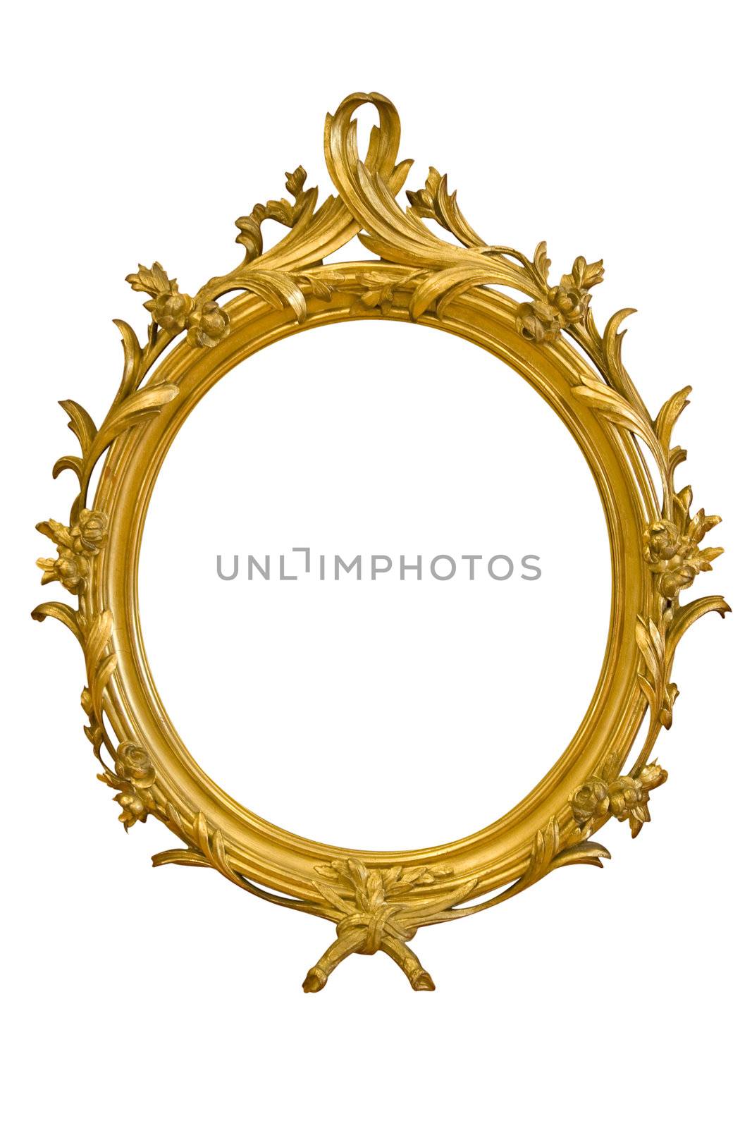 Antique golden picture frame isolated on a white background.