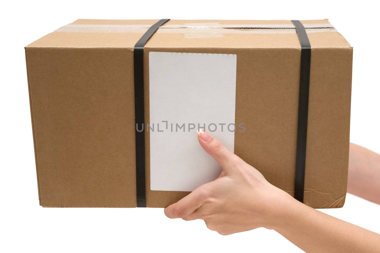 Woman holding a brown postal package. Isolated on a white background.
