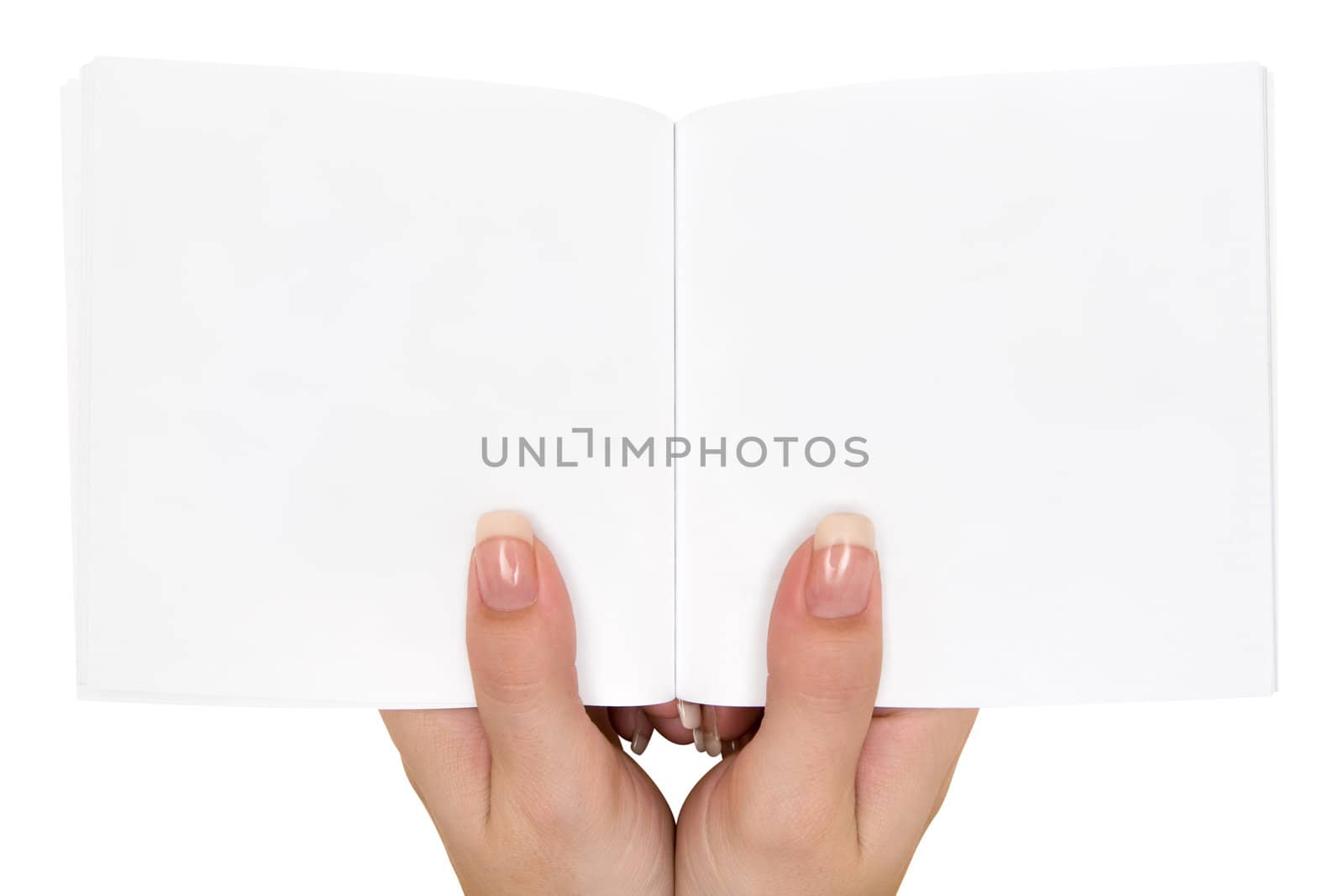 Woman holding a small blank book. Isolated on a white background.