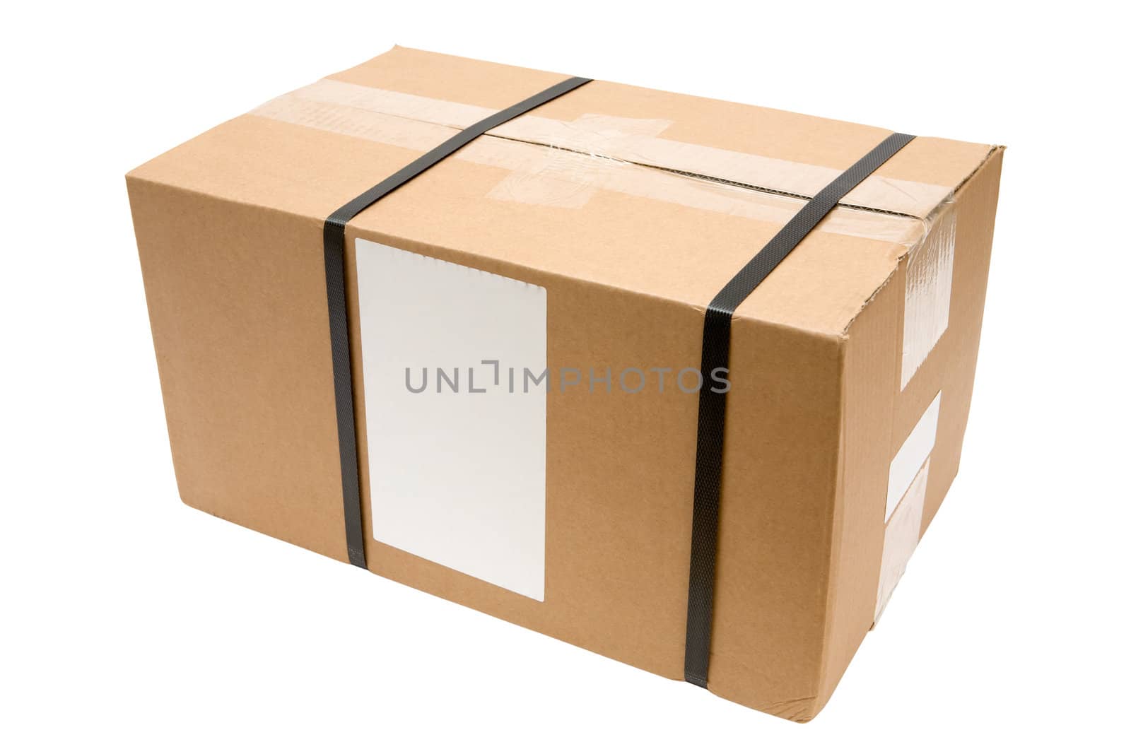 Brown parcel with blank label isolated on a white background.