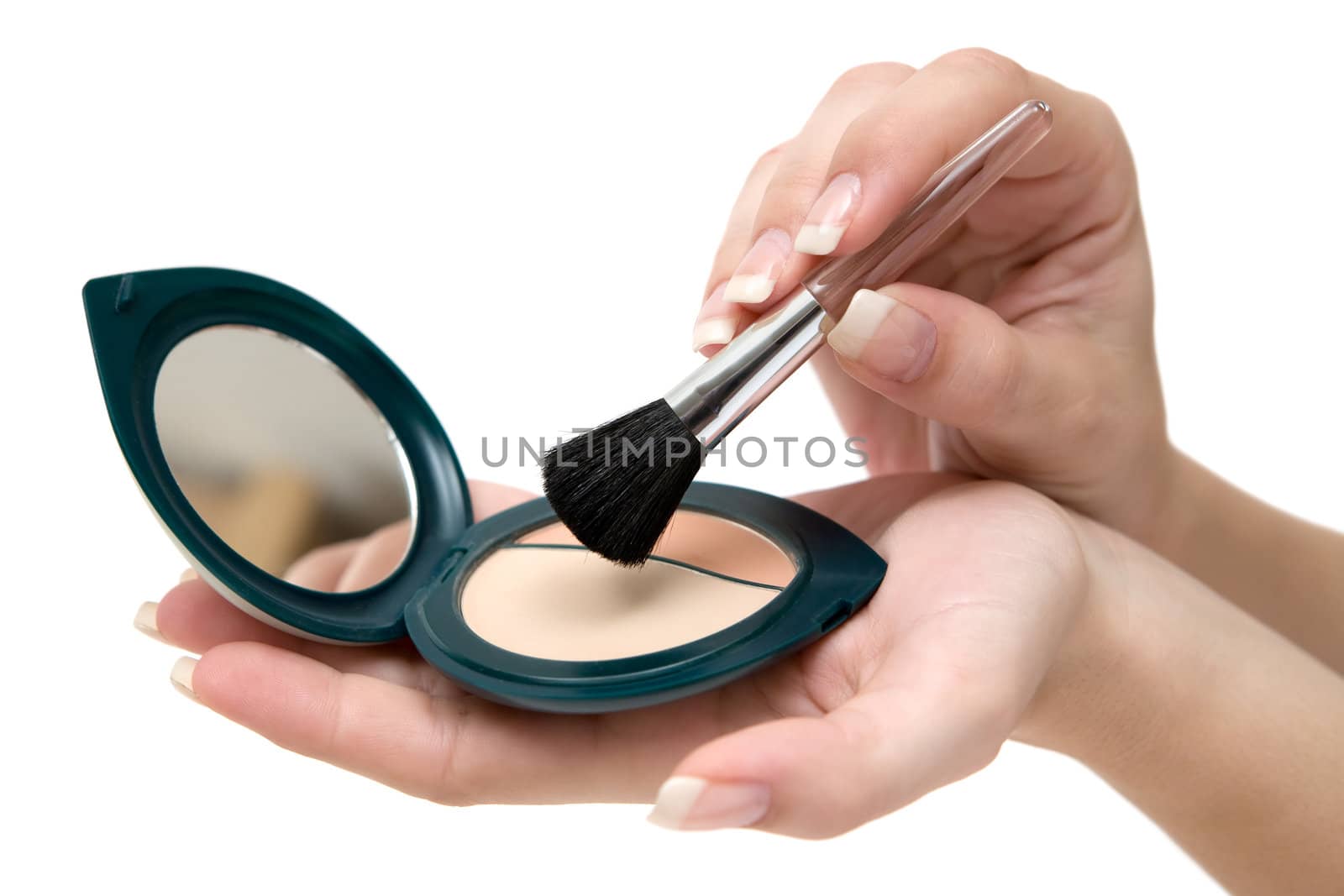 Woman applying face powder. Isolated on a white background.