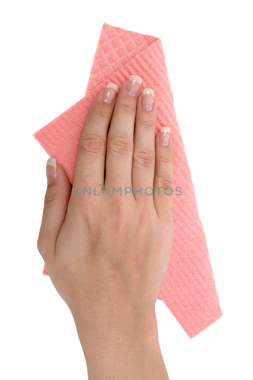 Woman cleaning with a red rag. Isolated on a white background.