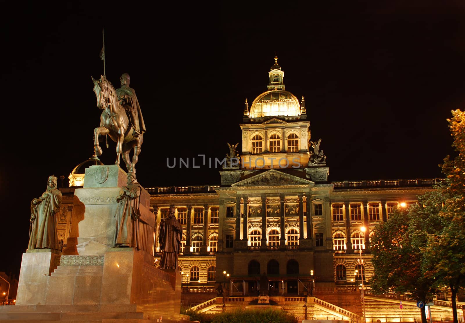 National museum in Prague in the Czech republic and statue of saint Wenceslas at night