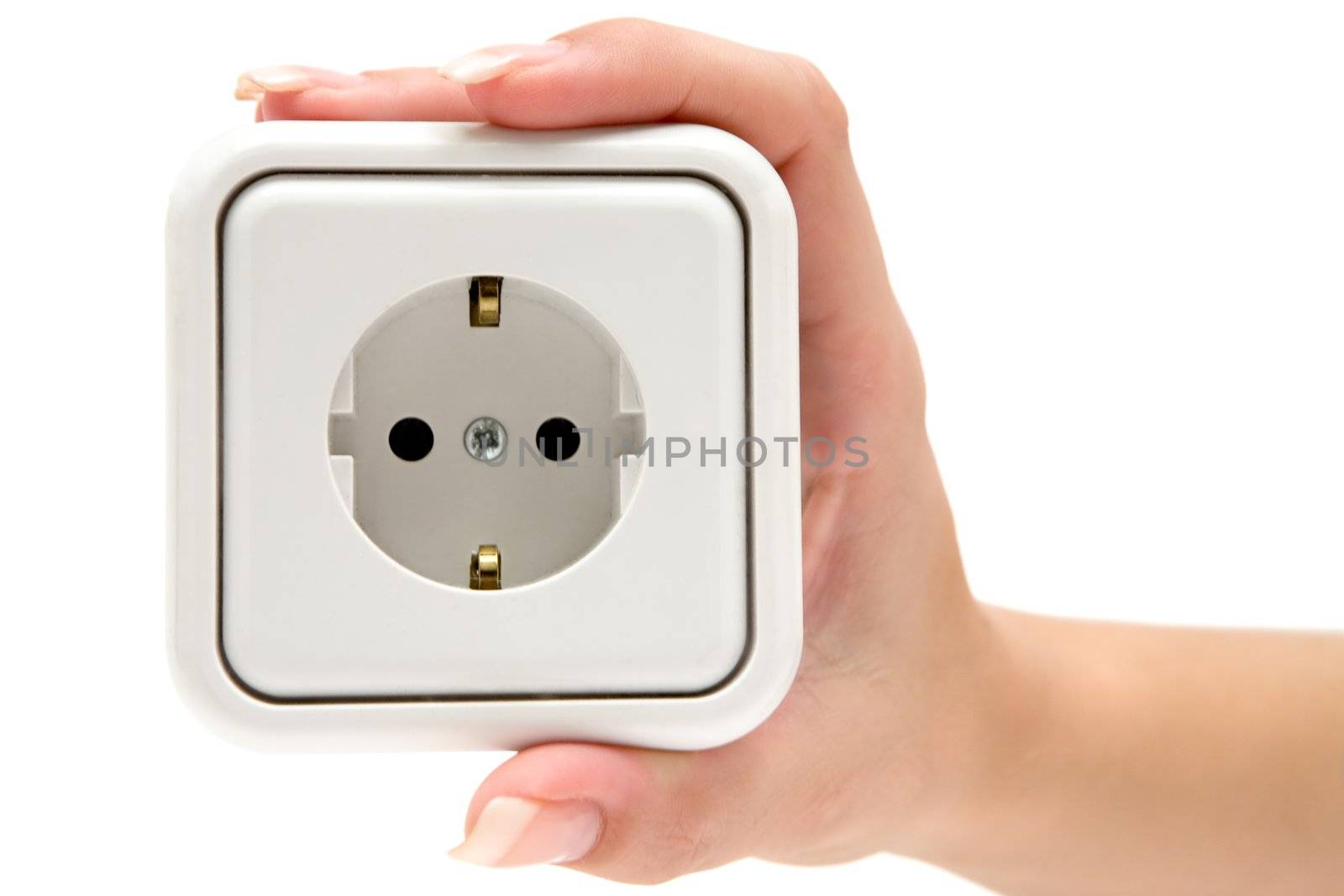 Female hand holding a white socket. Isolated on a white background.