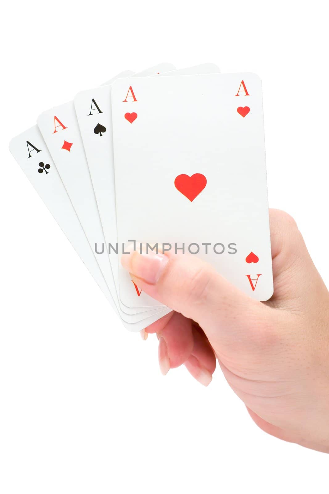 Woman holding playing cards. Isolated on a white background.