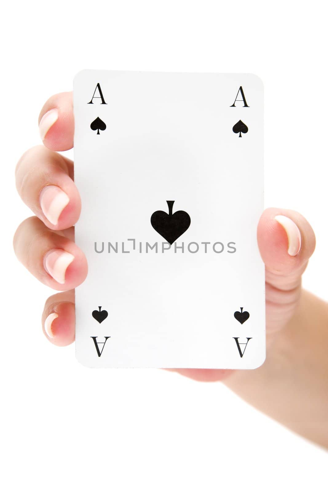 Female holding an ace of spades. Isolated on a white background.