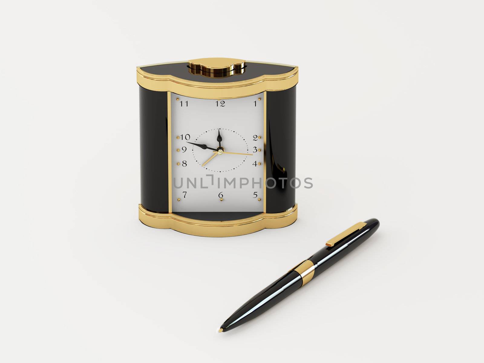 Clock and the pen for office on a white background. 3d illustration.