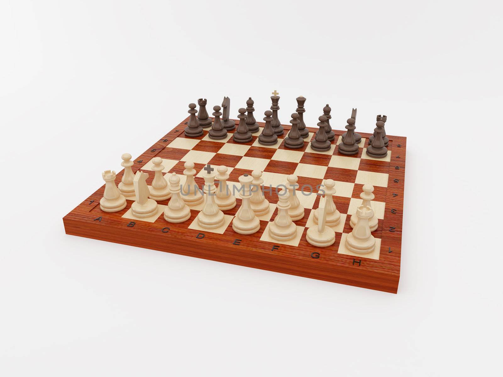 Wooden chess on a white background. The beginning of a chess party.