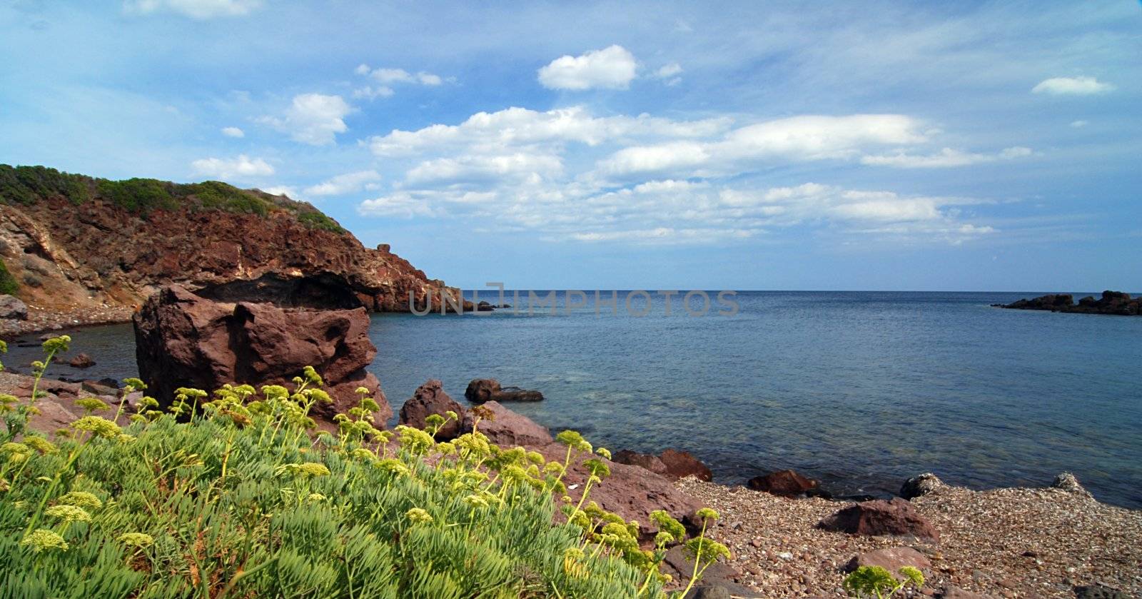 Rocky bay with beach and yellow flowers in te foreground
