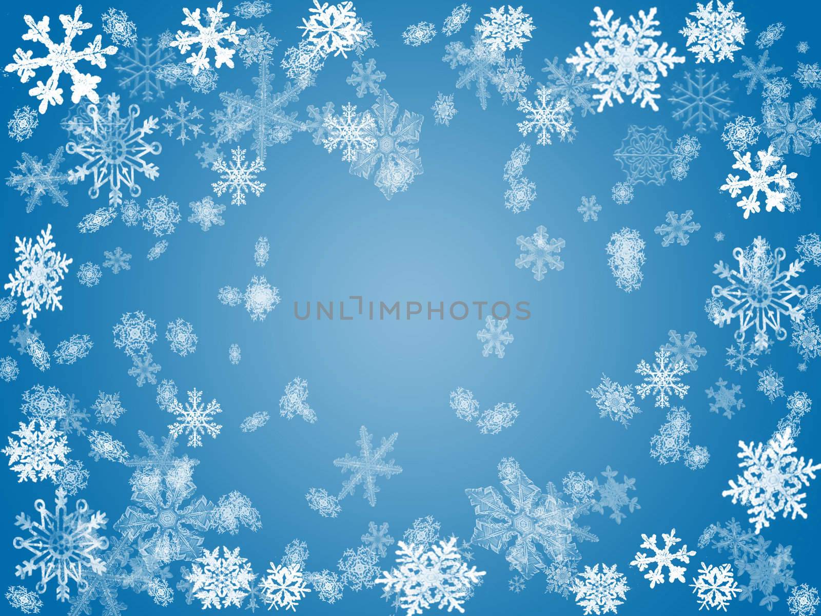 white snowflakes over blue background with feather center
