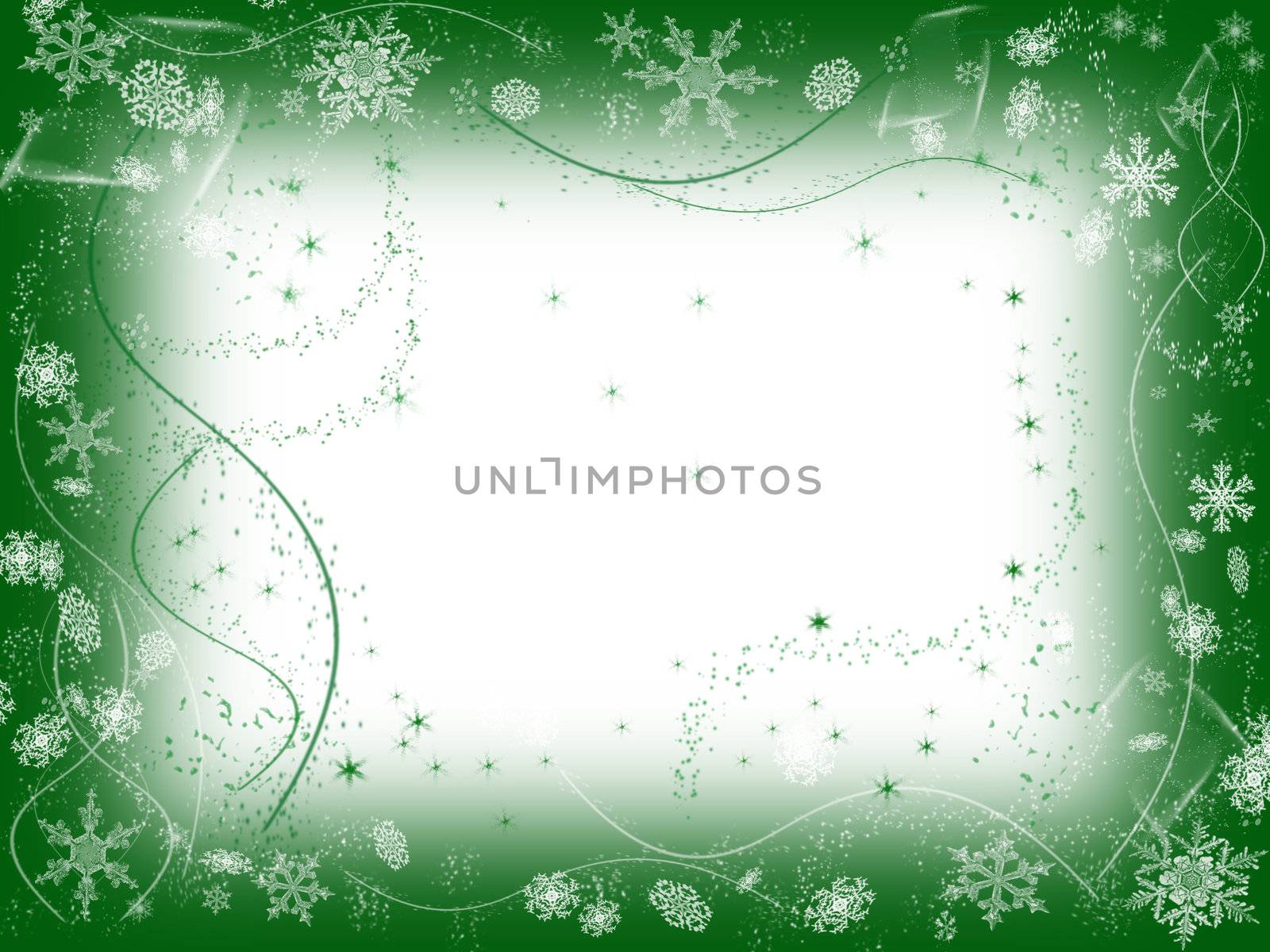 white snowflakes over green background with feather center
