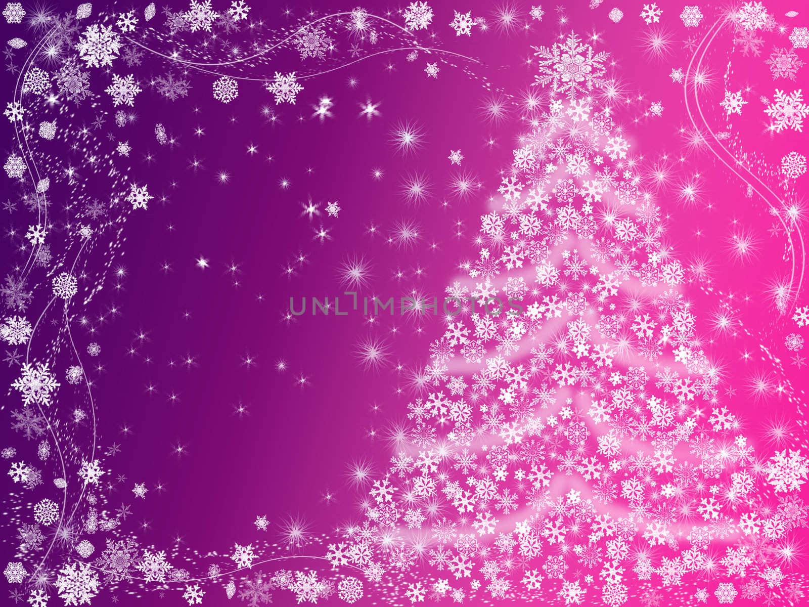 christmas tree drawn by white snowflakes over pink and violet background 
