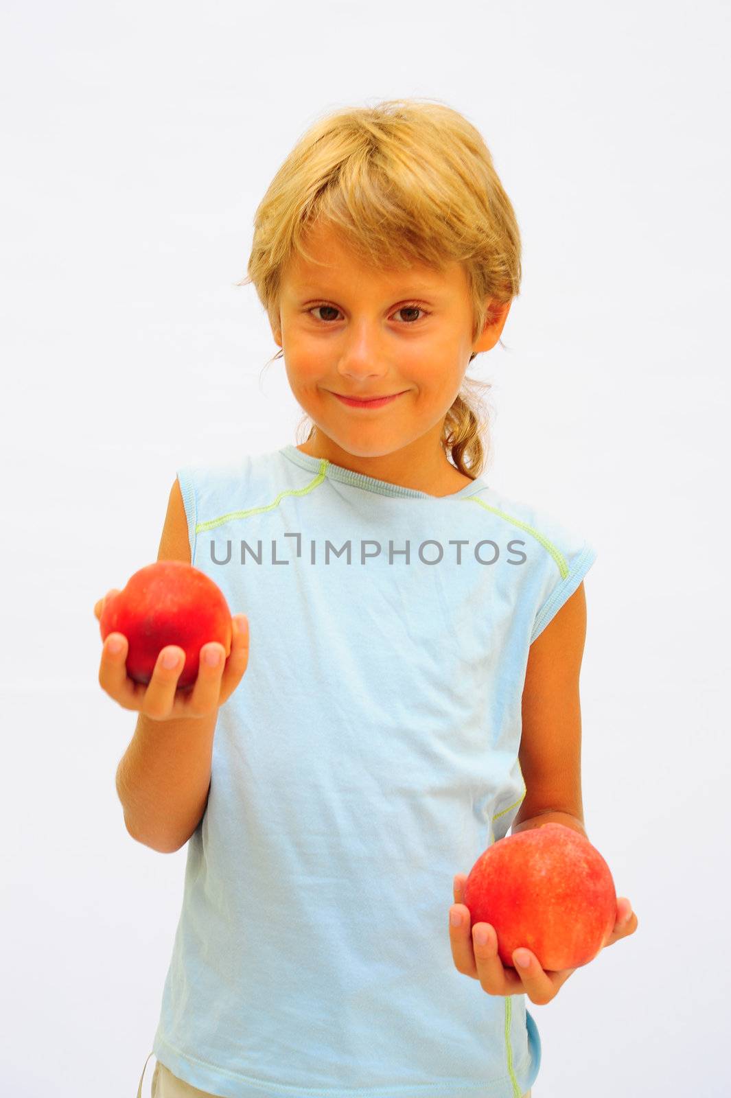 Boy With Red Peach Isolated On White