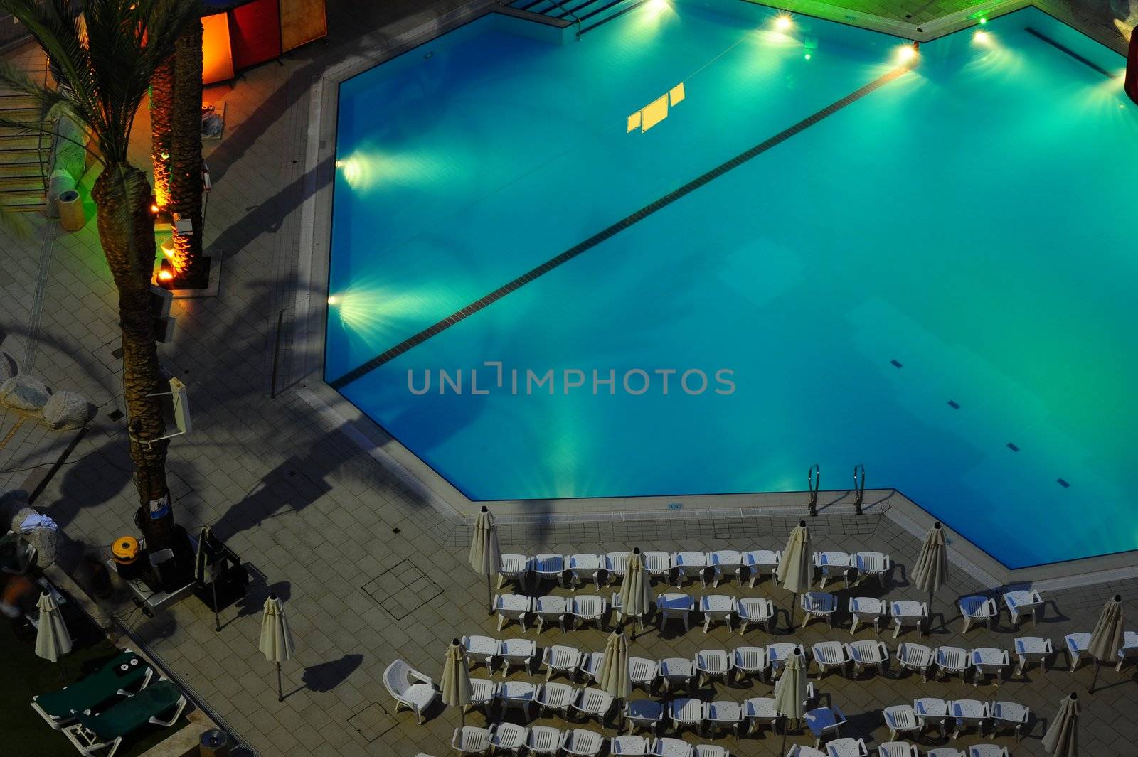 Night Pool Side Of Rich Hotel. Top View