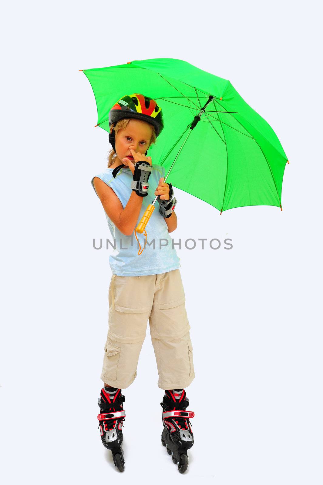 Blond Boy On Roller Skates Under Umbrella  Isolated On White