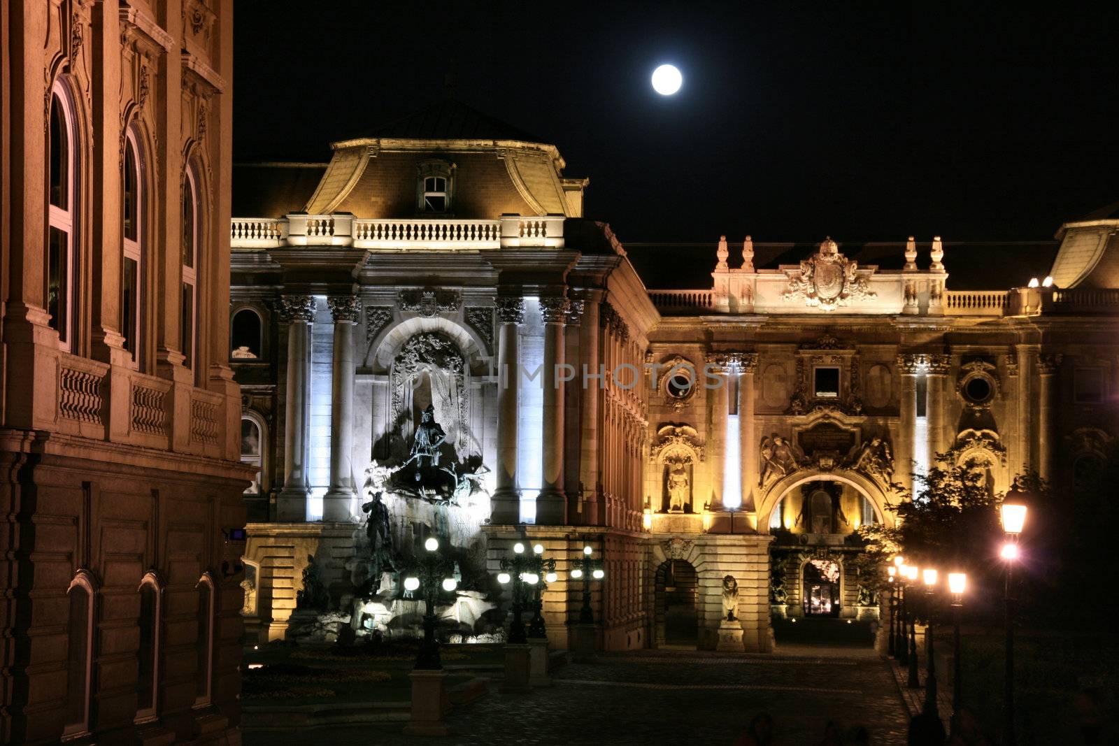 Royal Palace night view. Buda hill in Budapest, Hungarian capital city. Fantastic landmarks.